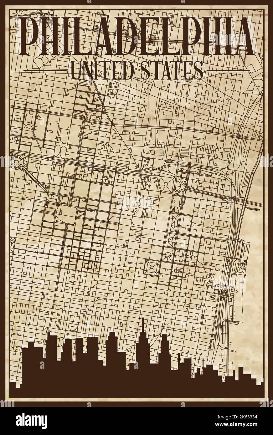 Mappa stampata a mano della rete di strade del centro di PHILADELPHIA, STATI UNITI D'AMERICA Illustrazione Vettoriale