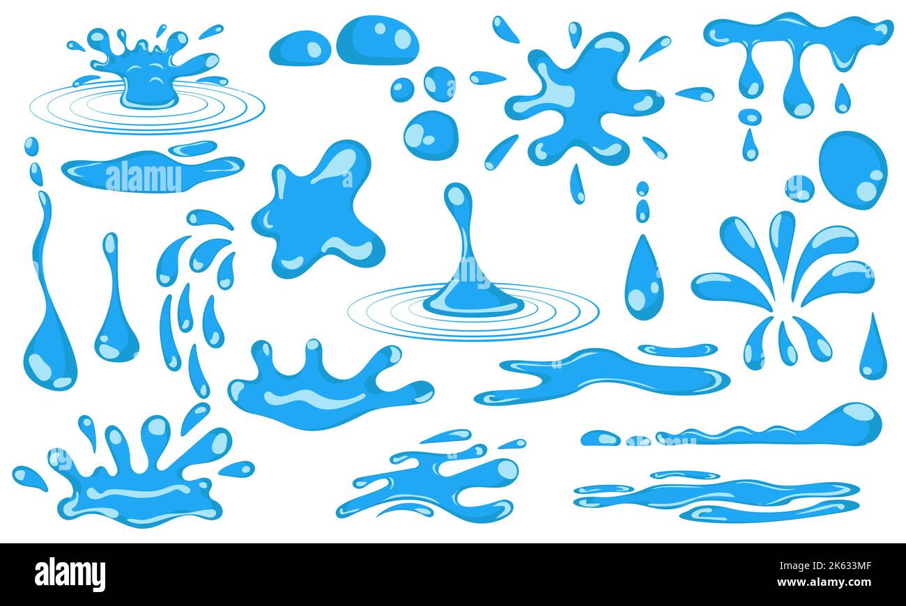 Imposta gocce d'acqua gocciolanti blu cartoon e raccolta di icone liquide. L'acqua di forma sta spruzzando, fluendo, fluendo e gocciolina di acqua. Acqua pulita e fresca Illustrazione Vettoriale