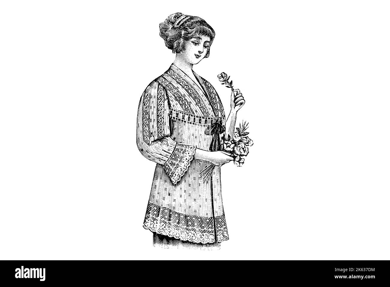 Ragazza con un bouquet di fiori che indossa una blusa di moda - 1910s Vintage Illustration Foto Stock
