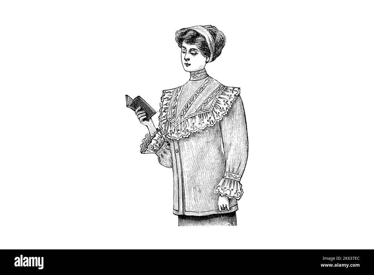 Ragazza che legge un libro che indossa una blusa di moda - 1910s Illustrazione vintage Foto Stock