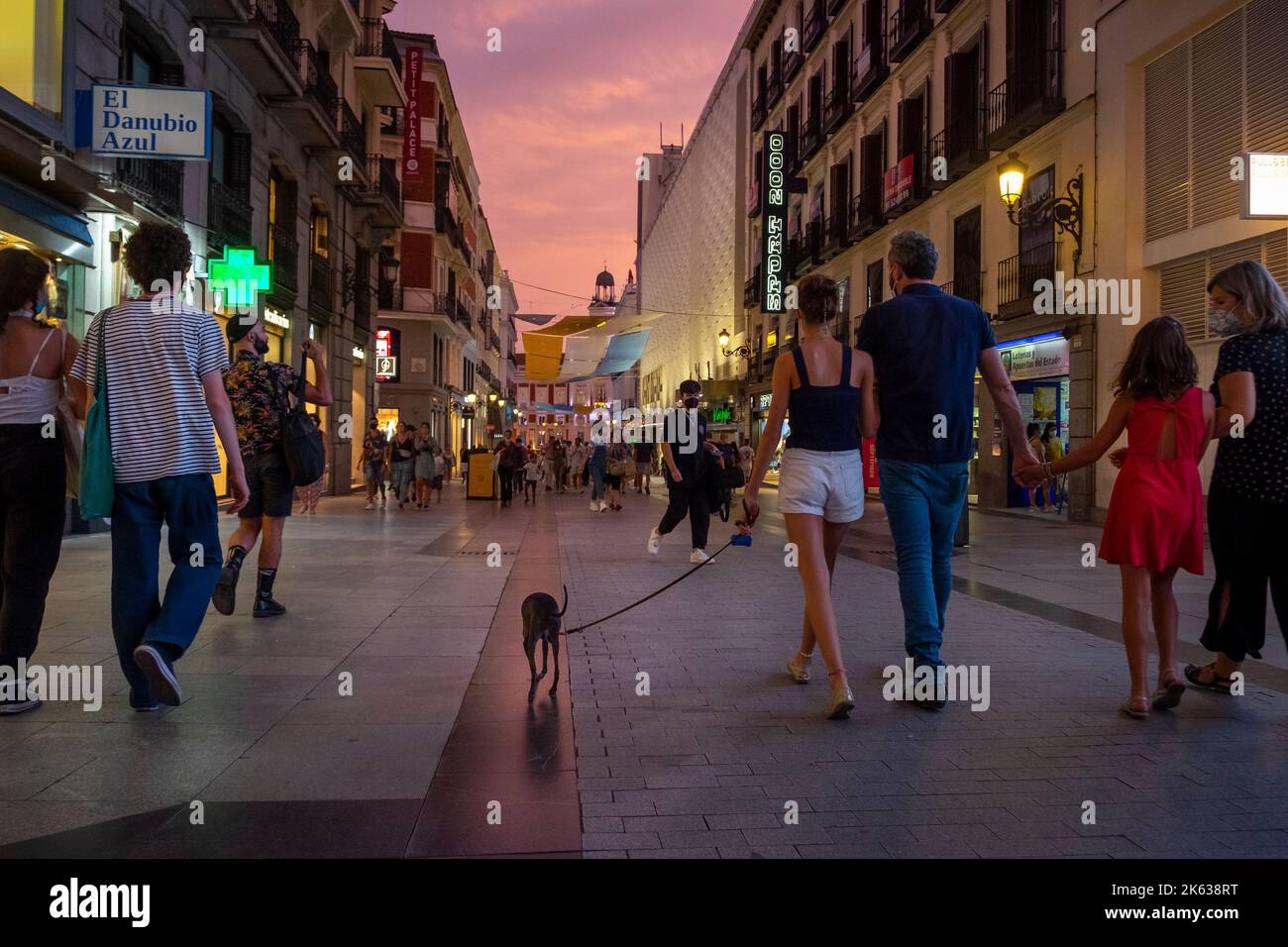 Passeggiate in famiglia con un cane piccolo vicino alla Puerta del Sol, Madrid, Spagna, luce serale al tramonto Foto Stock