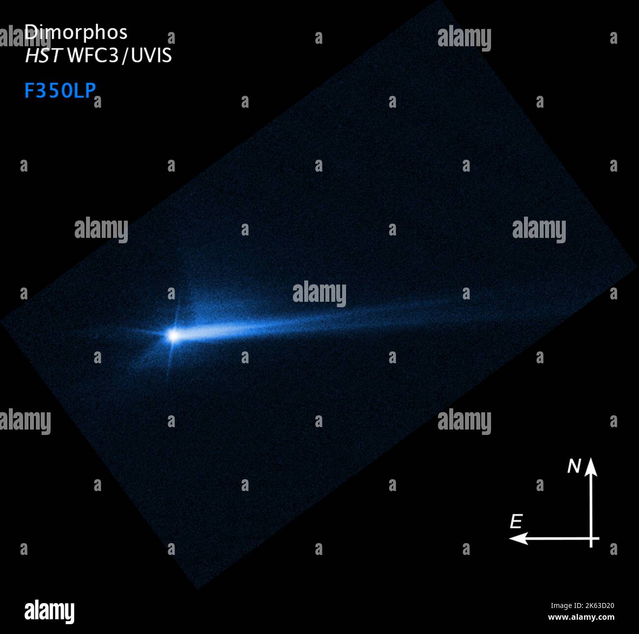 Questa immagine, ripresa dal telescopio spaziale Hubble della NASA il 8 ottobre 2022, mostra i detriti che sono stati sparsi dalla superficie di Dimorphos 285 ore dopo che l'asteroide è stato intenzionalmente colpito dalla navicella spaziale DART della NASA il 26 settembre. L'analisi dei dati ottenuti nelle ultime due settimane dal team di investigazione del Double Asteroid Redirection Test (DART) della NASA mostra l'impatto cinetico della navicella spaziale con il suo asteroide bersaglio, Dimorphos, che ha alterato con successo l'orbita dell'asteroide. Questo segna la prima volta che l'umanità cambia intenzionalmente il movimento di un oggetto celeste e la prima dimostrazione su scala completa di asteroide def Foto Stock