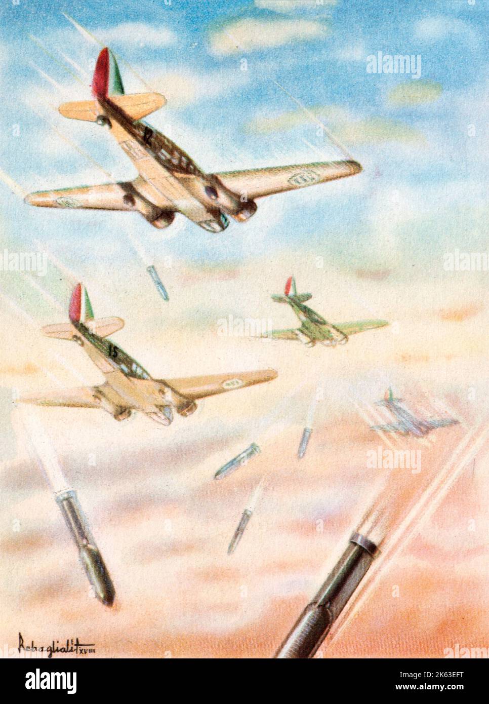Cartolina della propaganda italiana durante la seconda guerra mondiale che mostra la formazione di aerei Caproni 312 Foto Stock