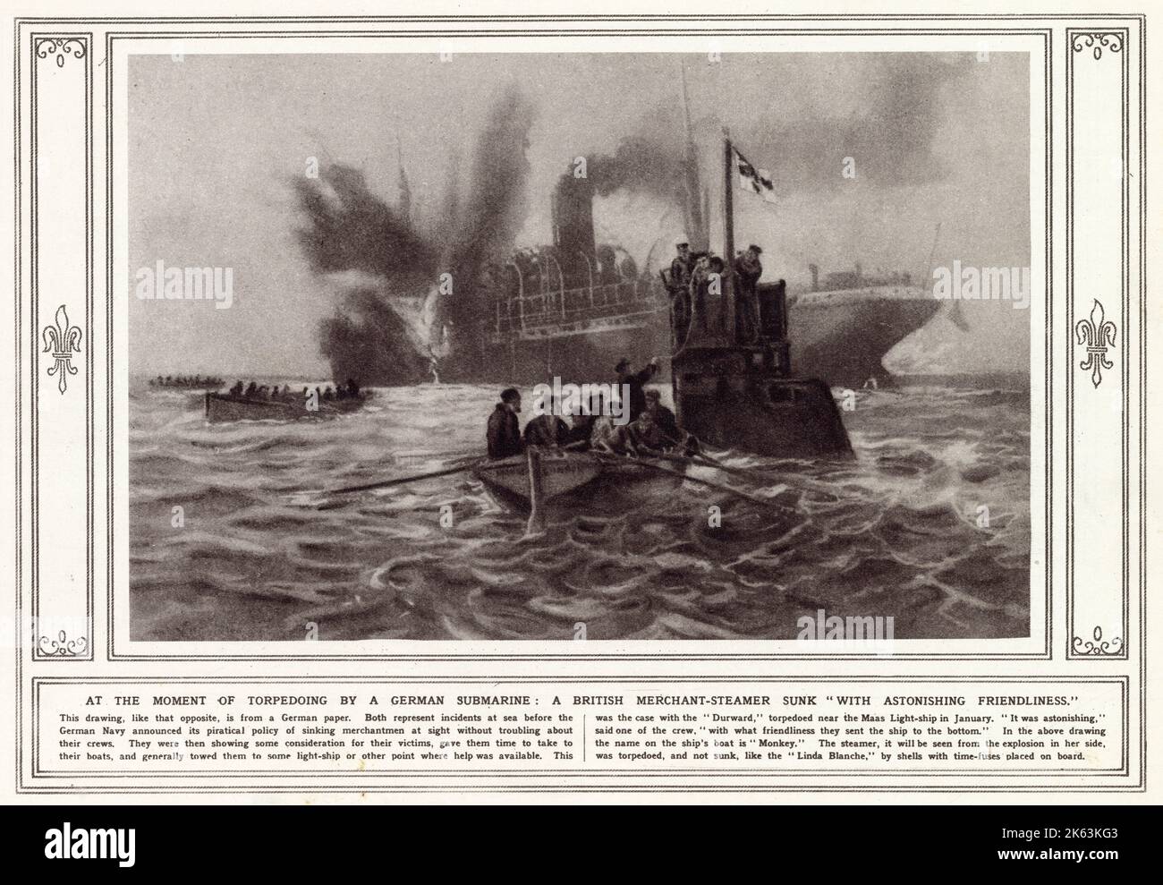 Rappresentazione tedesca del naufragio di una vaporiera mercantile britannica, la scimmia. Data: 1915 Foto Stock