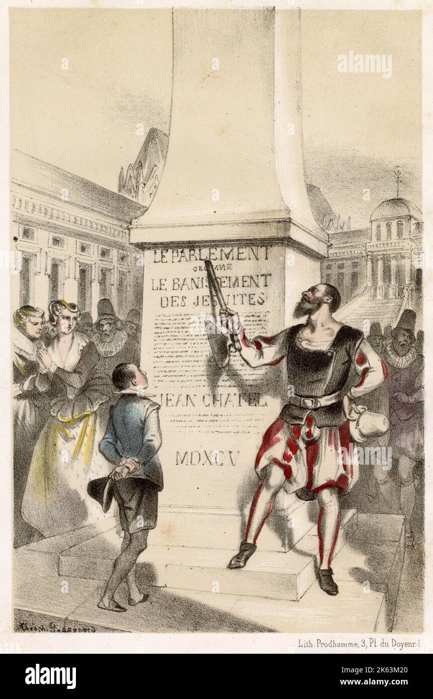 Jean Chatel, educato dai gesuiti, tenta senza successo di assassinare Enrico IV: I gesuiti, sospettati di averlo sostenuto, sono banditi dalla Francia, come indica questo monumento. Foto Stock