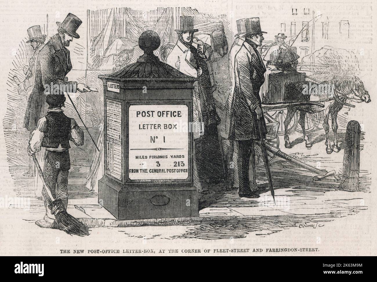 La prima scatola a colonne in ghisa a Londra, prima di colore verde, è installata all'angolo tra Fleet Street e Farringdon Street, ai piedi di Ludgate Hill Data: Marzo 1855 Foto Stock