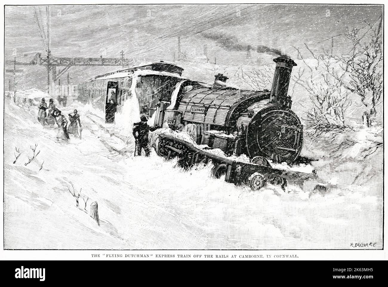 L'olandese volante della Great Western Railway viene deragliato in caso di neve pesante a Camborne, in Cornovaglia. Foto Stock