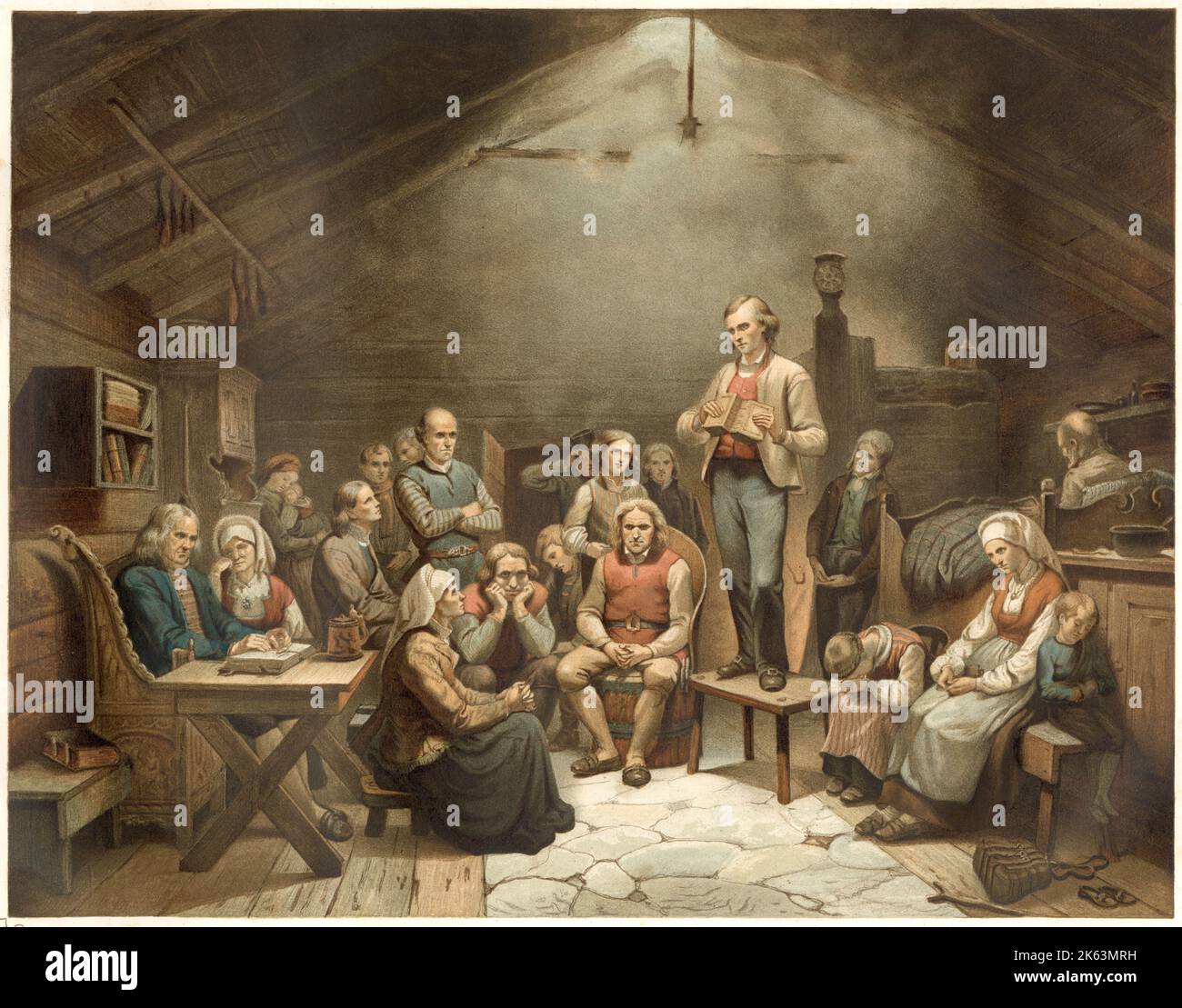 I seguaci norvegesi di Hans Nielsen Hauge (1771-1824) si incontrano per un incontro di preghiera in una casa contadina Foto Stock