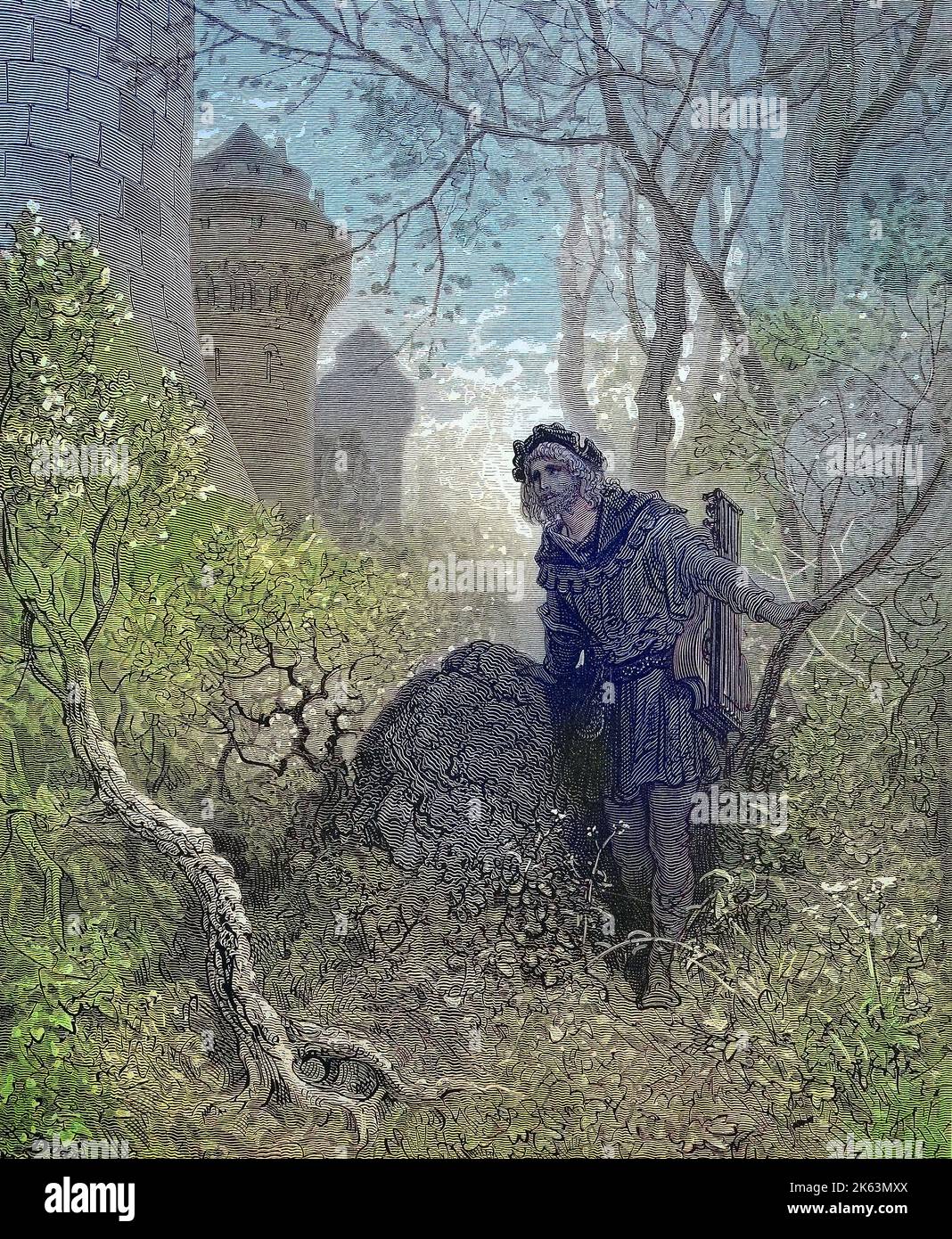 Le crociate furono una serie di guerre religiose nell'Asia occidentale e l'Europa iniziò, sostenuta e talvolta diretta dalla Chiesa Cattolica, Blondel di fronte alla prigione di Richard I. d'Inghilterra, Blondel de Nesle, nato nel 1155, fu uno dei primi troveri o trovatori francesi del nord, Blondel vor dem Gefängnis von Richard I. von England, geboren 1155, war einer der ersten nordfranzösischen Trovères oder Troubadour, Kreuzzüge waren von der Lateinischen Kirche sanktionierte, strategisch, religiös und wirtschaftlich motivierte Kriege zwischen 1095/99 und dem 13. Jahrhundert, Historich, dig Foto Stock