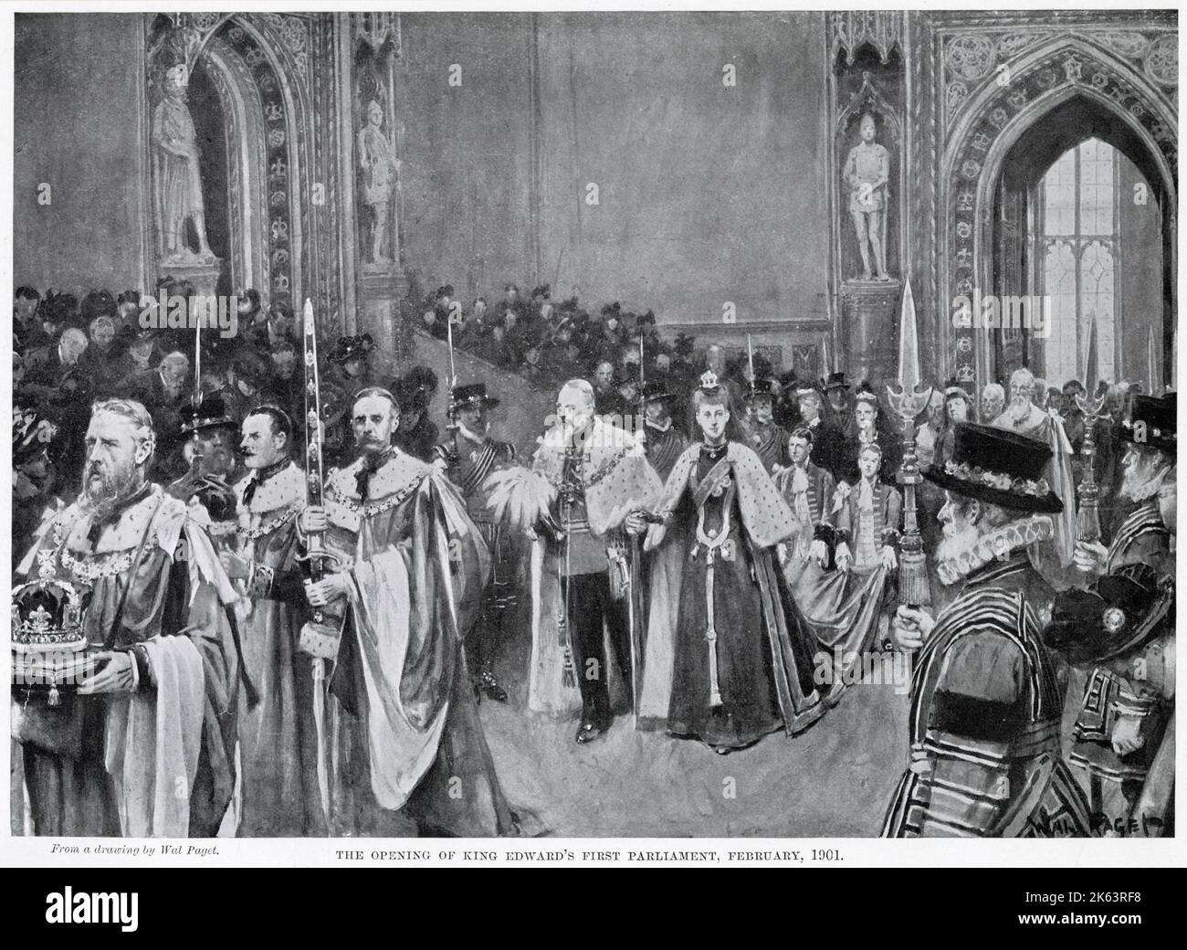 Re Edoardo VII di pari passo con la regina consorte Alexandra, passaggio dalla stanza del Robing ai Lord. Foto Stock
