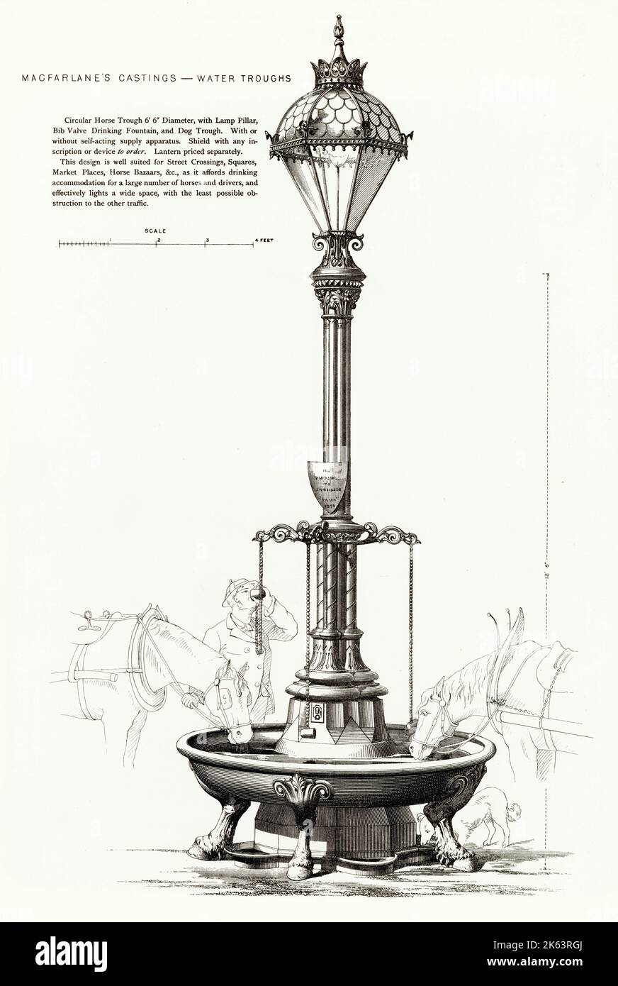 Colonna lampada elettrica decorativa in ghisa con fontana per cavalli, conducenti e cani. Foto Stock
