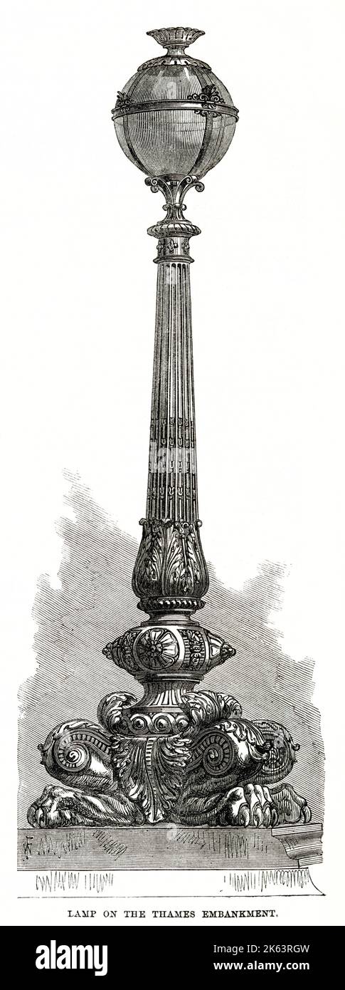 Progetto proposto pubblicato a æThe Illustrated London NewsÆ per i lampioni decorativi in ghisa che avrebbero allineato il Tamigi sull'Embankment, Londra. Foto Stock