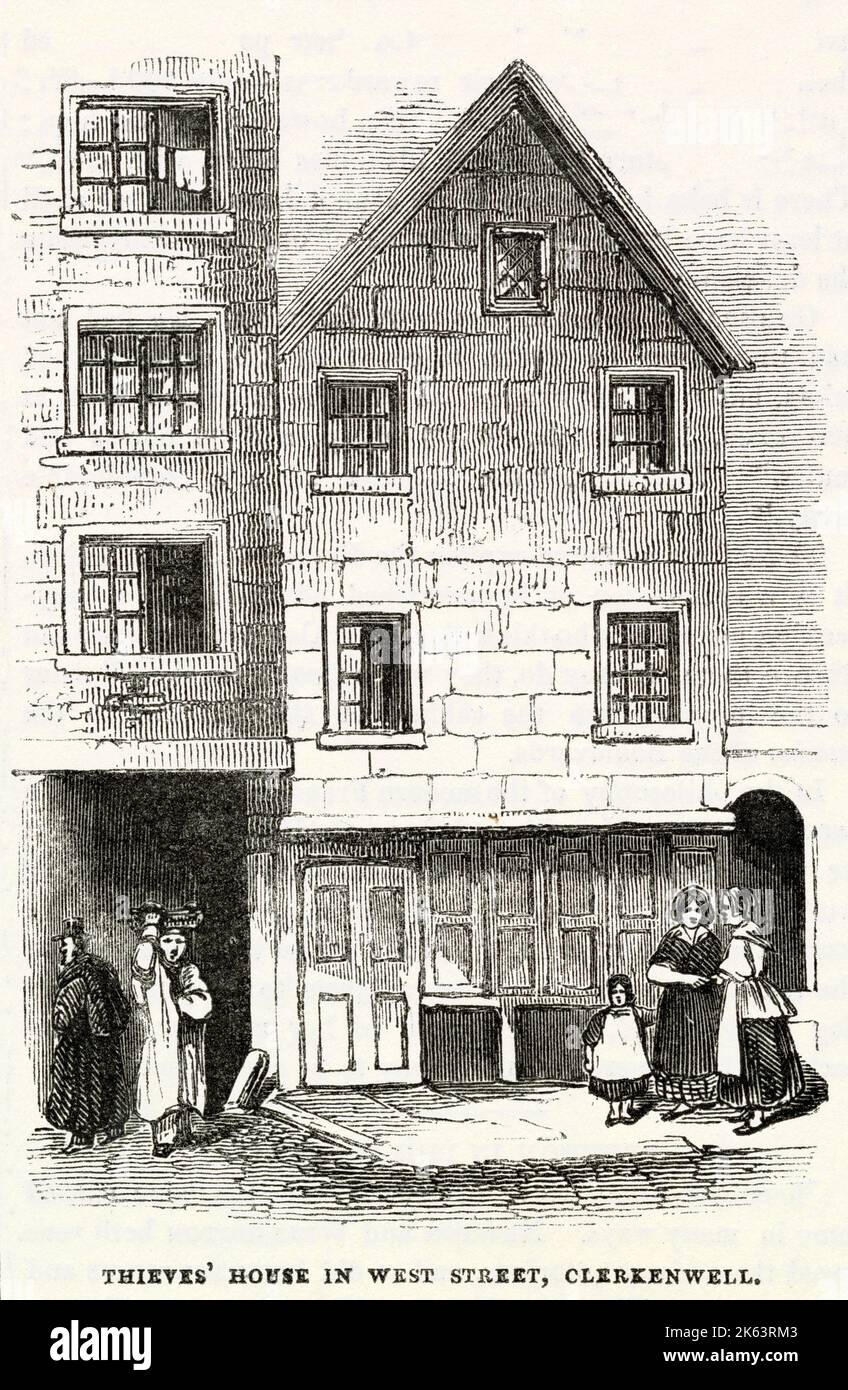 Esterno della Thieves' House a West Street, (precedentemente chiamata Chick Lane) Clerkenwell, Londra. Situato sul lato ovest del fiume Fleet. L'alloggio fu abbattuto per i miglioramenti di Clerkenwell, anni prima che una volta era la Red Lion Tavern. Nel 1844, ci sono state segnalazioni di questi e prostituzione all'interno delle vaste stanze con porte a botola, pannelli scorrevoli, falsi muri, vari nascondigli e vie di fuga per rapinatori e assassini. Foto Stock