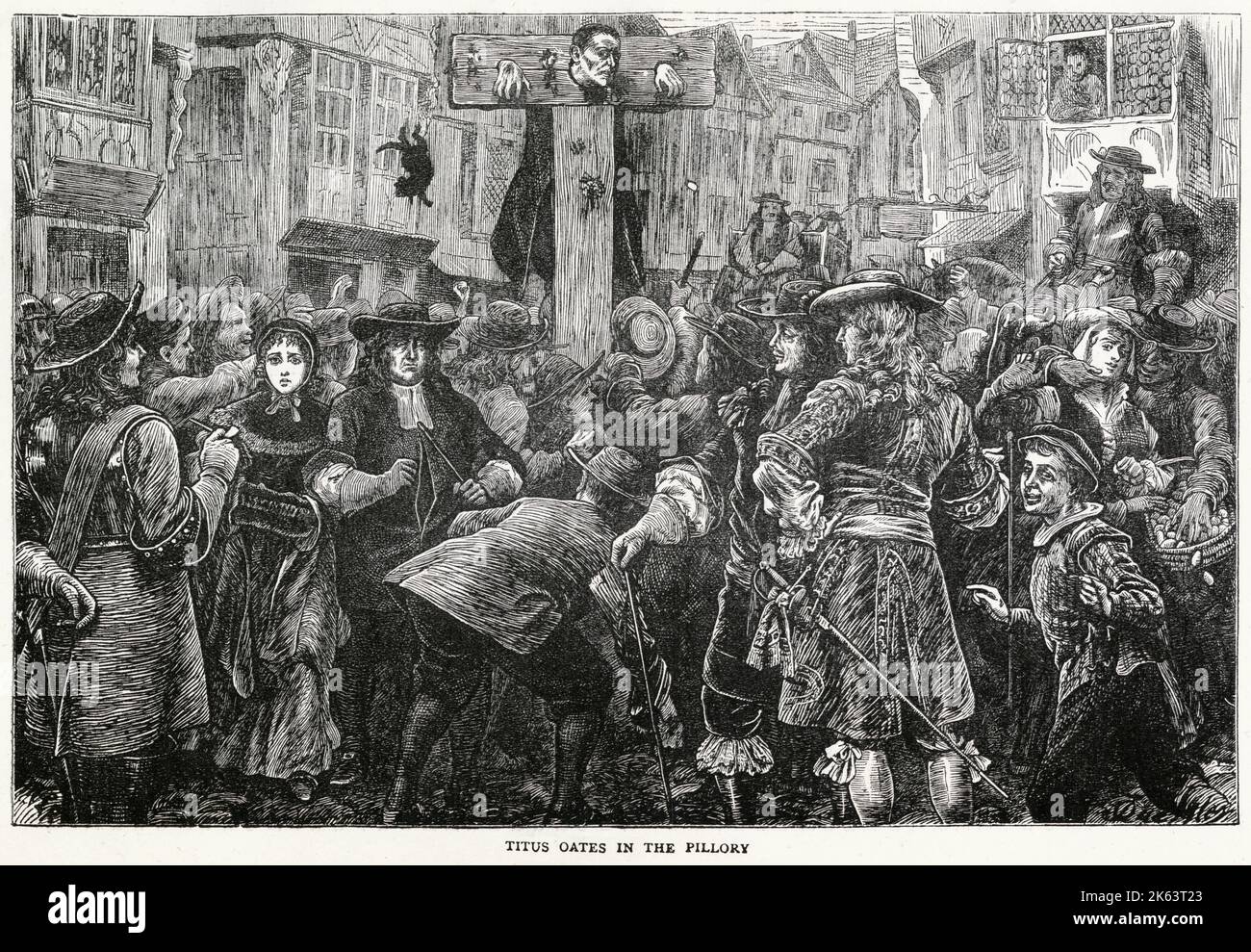 Titus Oates (1649 - 1705), condannato per aver fabbricato il "Popish Plot", una presunta cospirazione cattolica per uccidere re Carlo II Messo nella gogna alla porta di Westminster Hall (ora New Palace Yard), dove i passanti lo pelarono di uova. Foto Stock