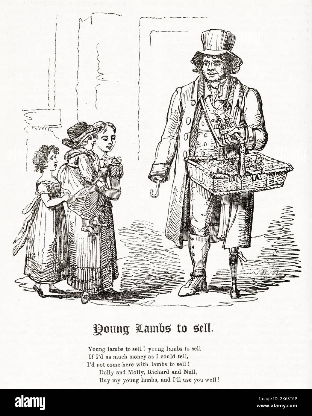 William Liston da Glasgow, servì sotto il duca di York in Olanda, dove il 6 ottobre 1799 perse il suo braccio destro e la gamba sinistra e il suo posto nell'esercito. Con ancora una moglie e quattro figli da sostenere, si spostò da una città all'altra vendendo giocattoli - "giovani agnelli". Con lana di cotone bianca per felpe spangustate con doratura olandese, vernice rossa per guance e macchie nere per occhi, corna di stagno ritorto. Foto Stock