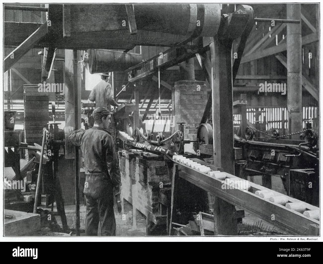 Fotografia che mostra un lungo flusso di lattine di salmone che scorre attraverso la macchina, ciascuna volta sigillata ermeticamente in barattoli chiusi in cui il pesce è conservato. Foto Stock