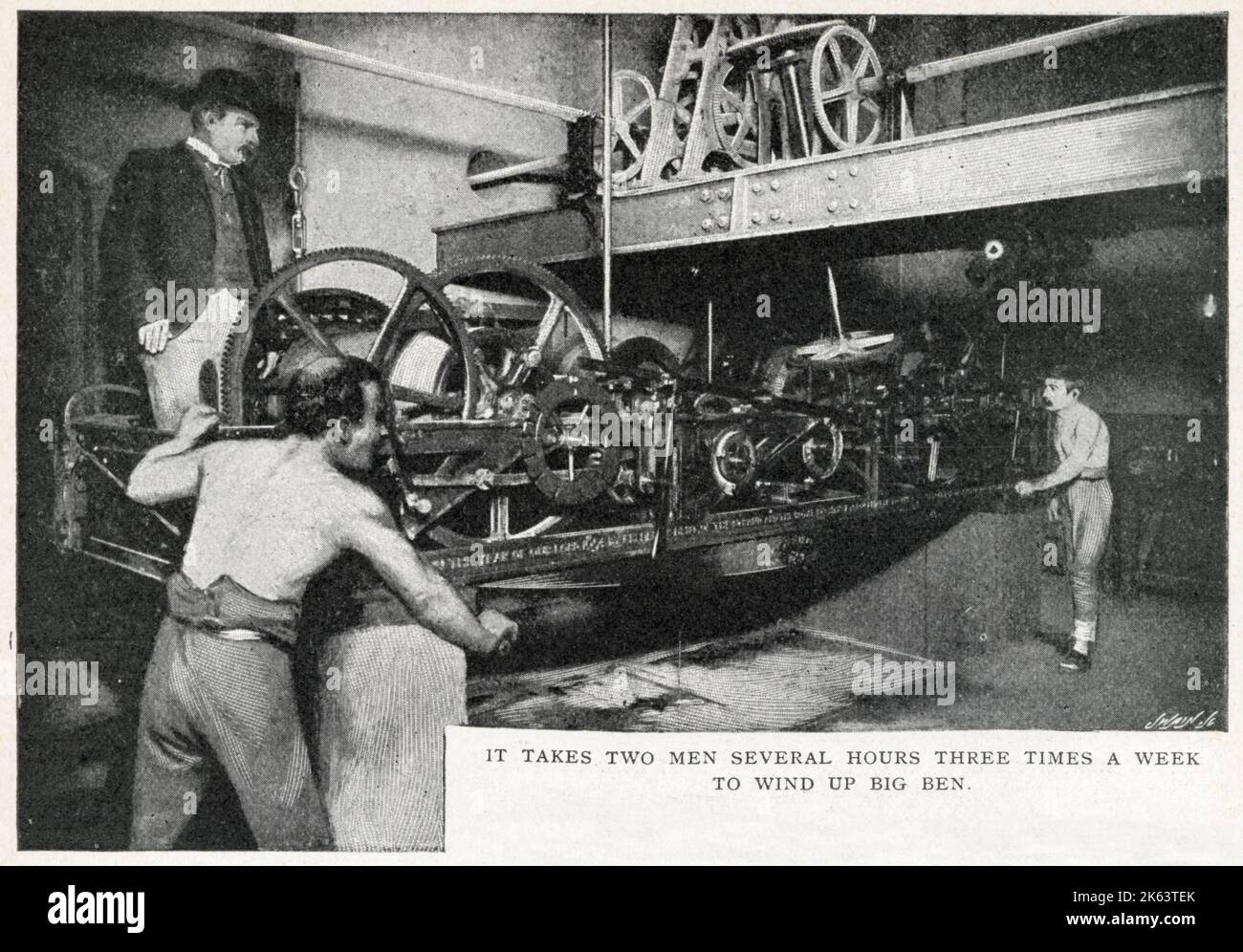 Ci vollero due uomini diverse ore tre volte alla settimana per finire la Torre dell'Orologio (Elizabeth Tower), in modo che i londinesi potessero ottenere un orario preciso. Foto Stock