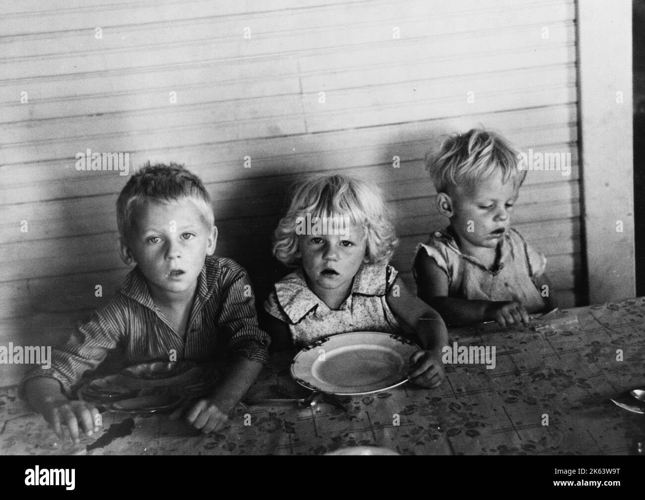 Bambini di OLAF Fugelberg in attesa di cena. Contea di Williams, North Dakota. Data 1937 settembre Foto Stock