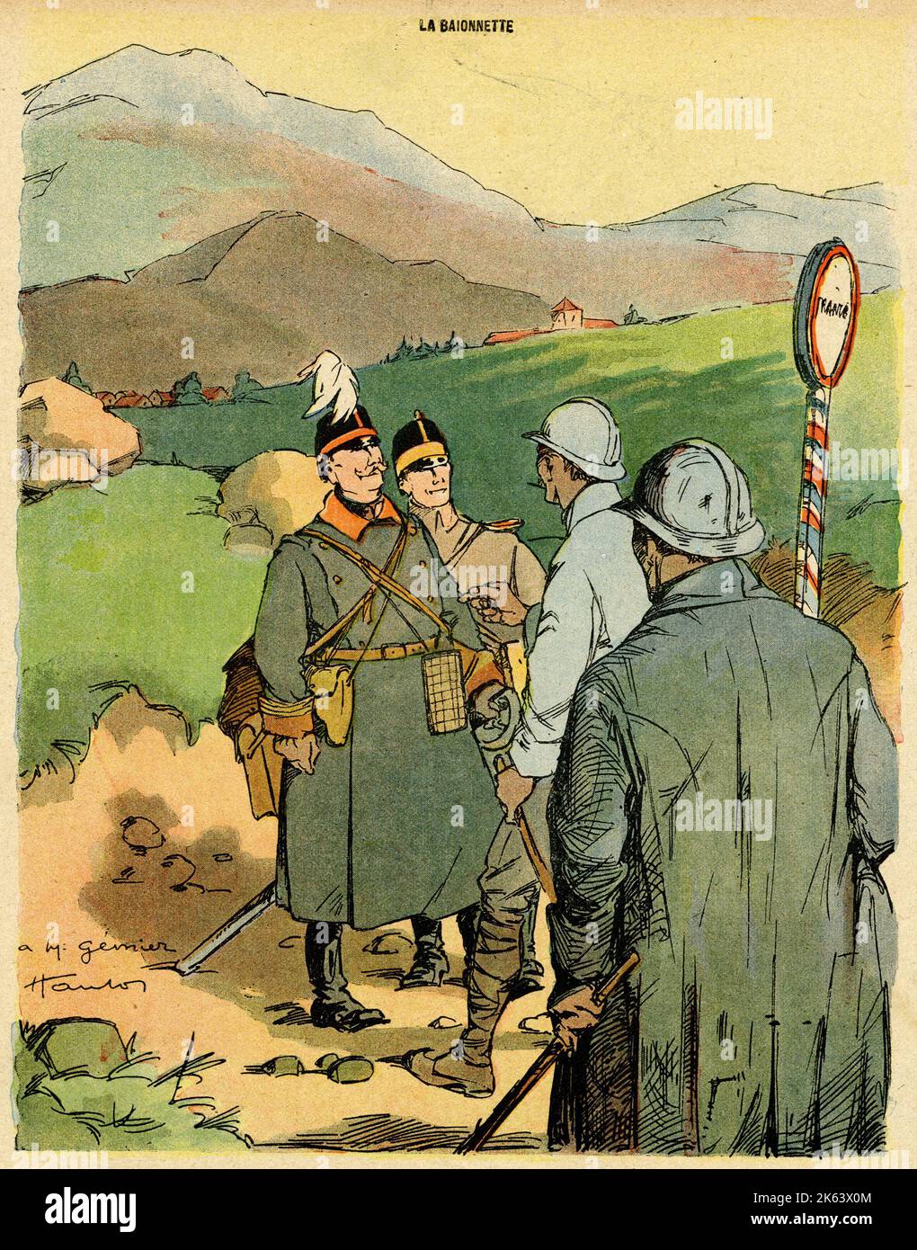 Cartone animato, stagione di caccia. In un posto di frontiera francese, due ufficiali tedeschi chiedono a due soldati francesi se la stagione di caccia è in corso qui. Foto Stock