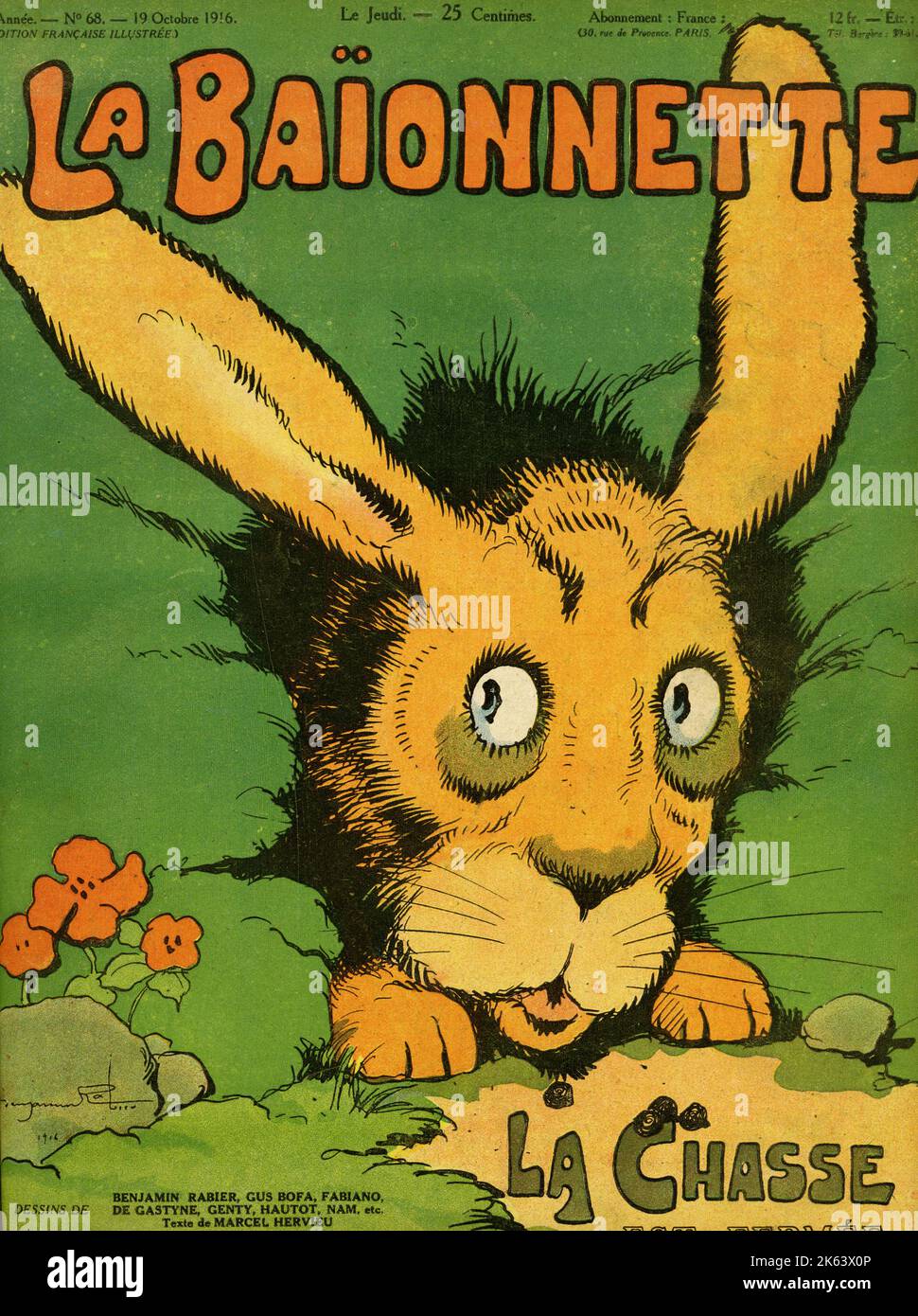 Design della copertina per la Baionnette, un numero incentrato sulla stagione di caccia durante la prima guerra mondiale, mostrando una lepre o un coniglio che guardano con cautela fuori dalla sua tana. Foto Stock