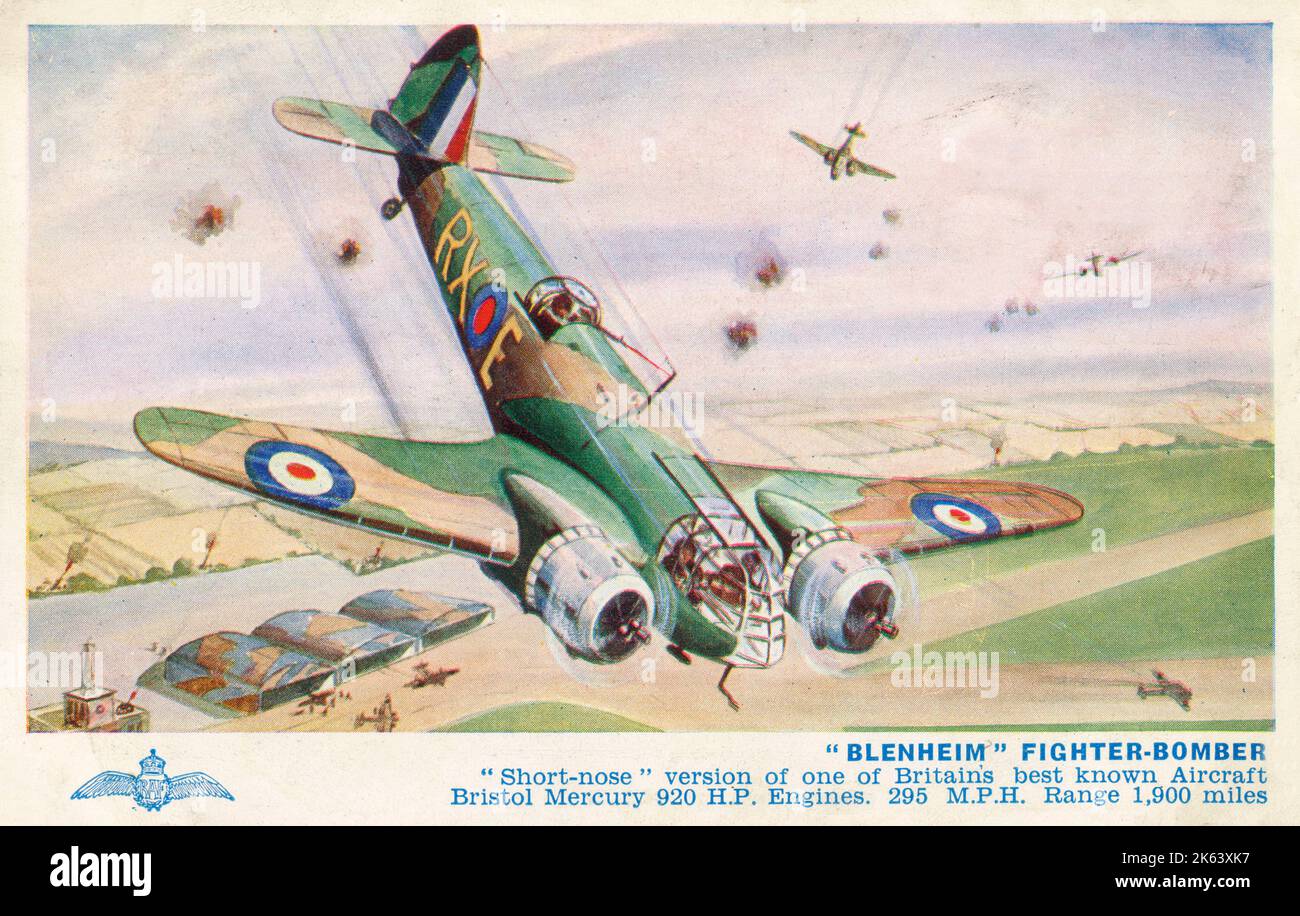 'Blenheim' Fighter-Bomber - versione 'short-nose' di uno degli aerei più noti della Gran Bretagna. Motori Bristol Mercury 920 H.P. 295mph. Raggio d'azione - 1.900 miglia. Foto Stock