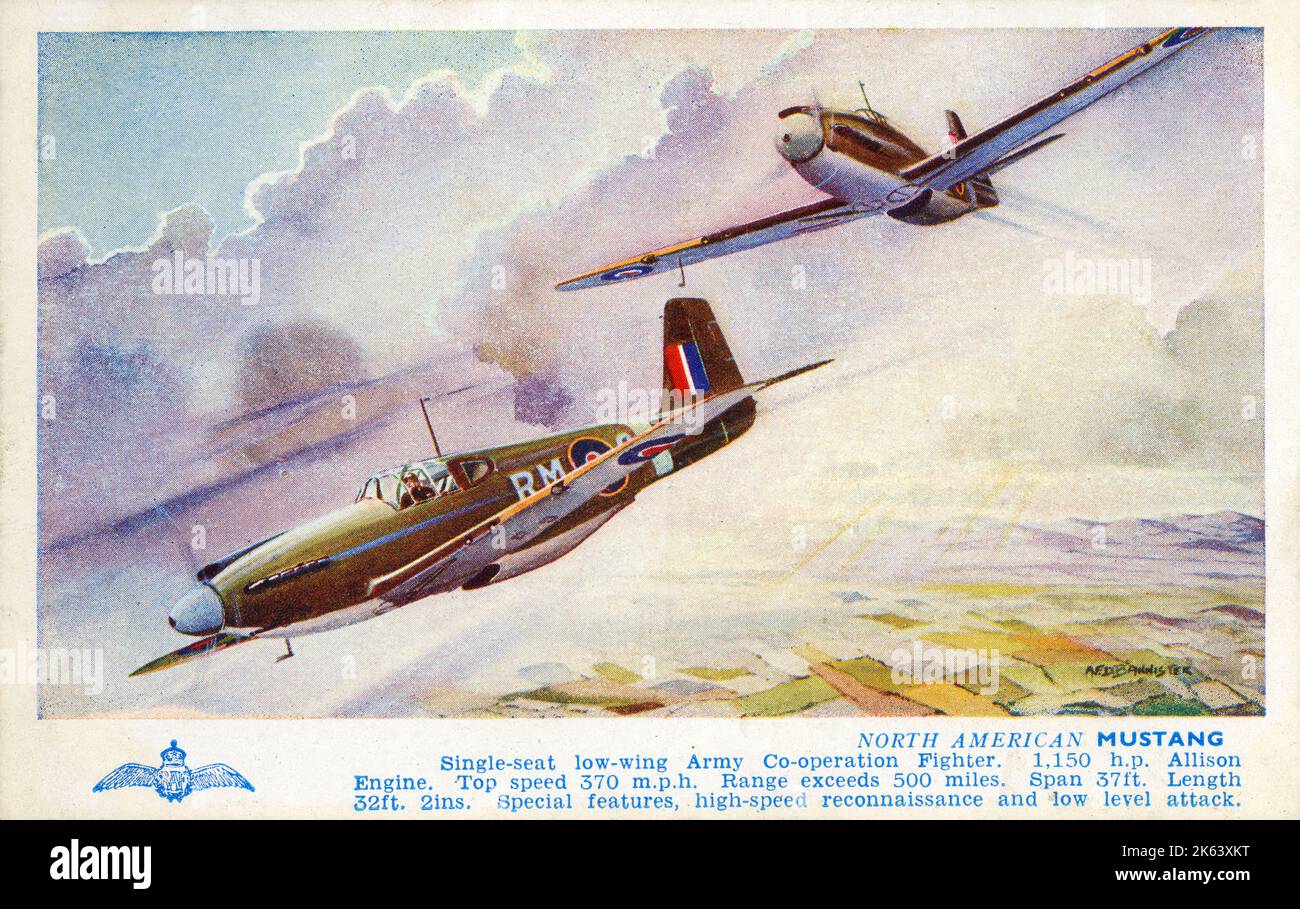 North American Mustang - Single-Seat low-wing Army Co-Operation Fighter. Motore Allison 1150hp. Velocità massima 370mph. Il raggio d'azione supera le 500 miglia. Span 37ft. Lunghezza 32ft. 2 '. Funzioni speciali, ricognizione ad alta velocità e attacco di basso livello. Foto Stock