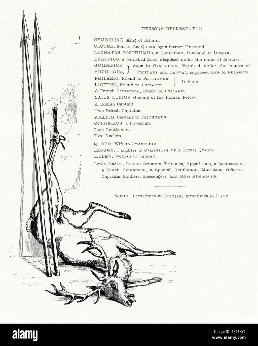 Illustrazione di Kenny Meadows a Cymbeline, di William Shakespeare. Cast list, con cervi morti e due lance. Foto Stock