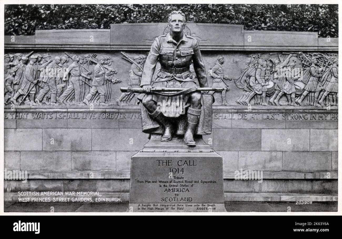 Scottish American War Memorial, West Princes Street Gardens, Edimburgo, Scozia. Dedicato agli uomini che hanno risposto "The Call" nel 1914 per combattere nella prima guerra mondiale Foto Stock