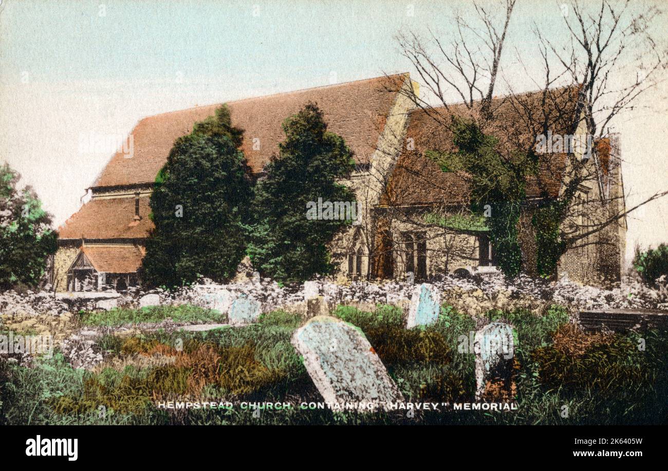 Chiesa di Sant'Andrea, Hempstead, Essex - la Torre caduta. Nel 1882 la torre del 15th ° secolo cadde rendendo la chiesa inutilizzabile fino al 1888, dopo un programma di restauro era stato completato. Nel 1933 la Harveian Society di Londra diede dei soldi per la ricostruzione della torre. Quando la ricostruzione raggiunse l'altezza della navata, i soldi finirono ed erano £1.000 corti. Quando la torre fu completata nel 1960, costò 14.000 sterline!! Foto Stock