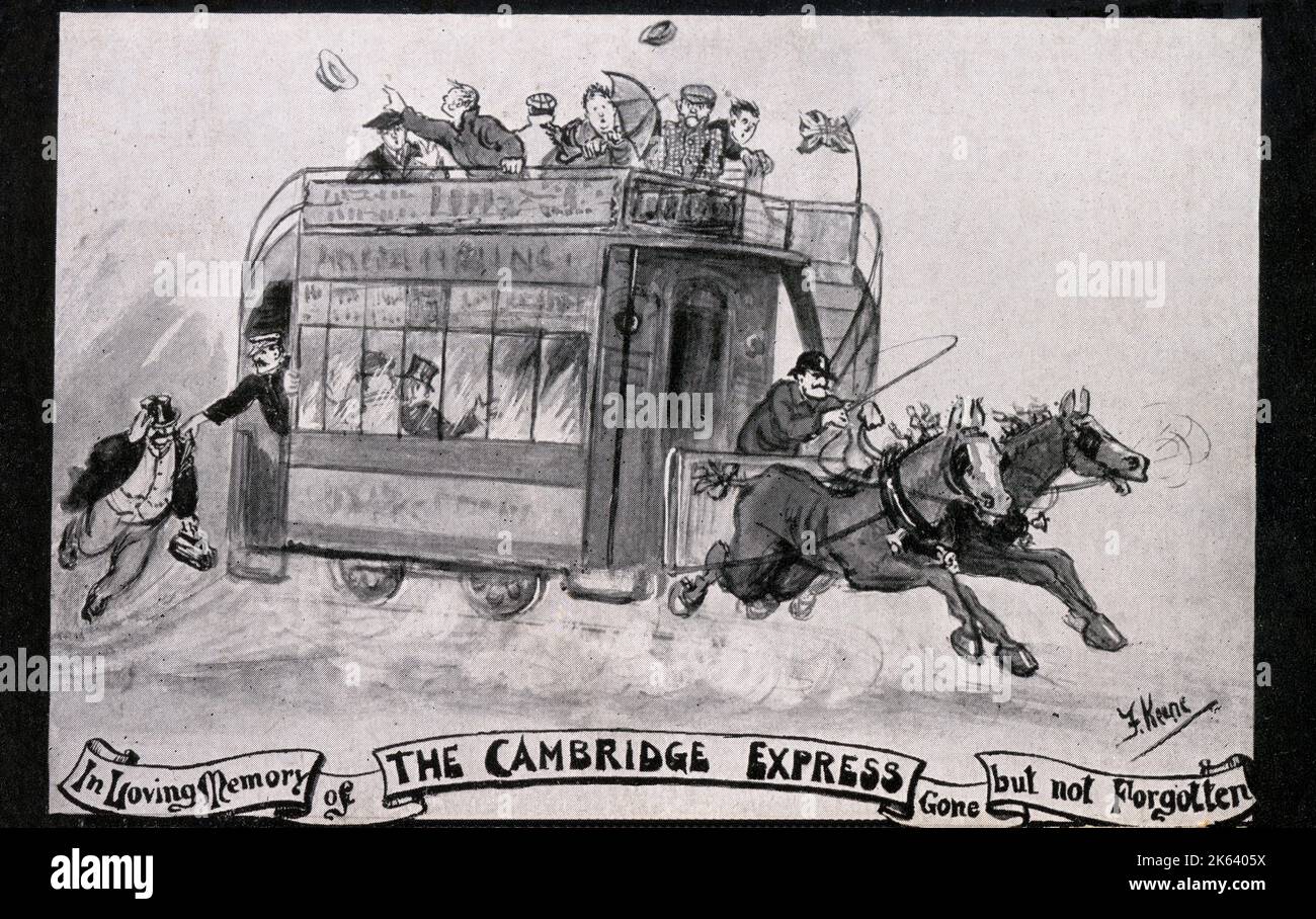 Nella memoria amorevole del Cambridge Express - andato, ma non dimenticato,. Un'elogio molto tondo-in-guancia ad un Cambridge Double-decker Horse Tram, guidato ad alta velocità da un pilota piuttosto manico. I passeggeri del ponte superiore scoperto perdono il cappello e vengono colpiti dal vento! Foto Stock