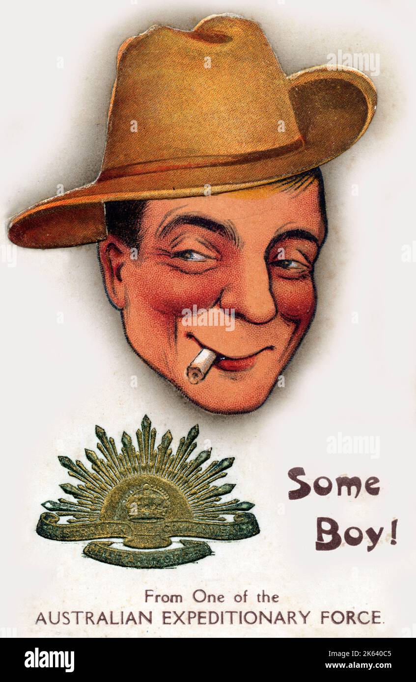 Un po' di ragazzo! Una caricatura di una lega di saldatura australiana sgarbata - era WW1 - membro della forza di spedizione australiana (la prima forza imperiale australiana - 1st AIF) Foto Stock