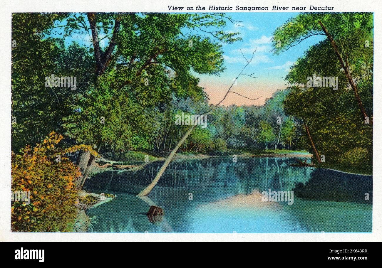 Decatur, Illinois, Stati Uniti - vista sullo storico fiume Sangamon vicino a Decatur. Foto Stock