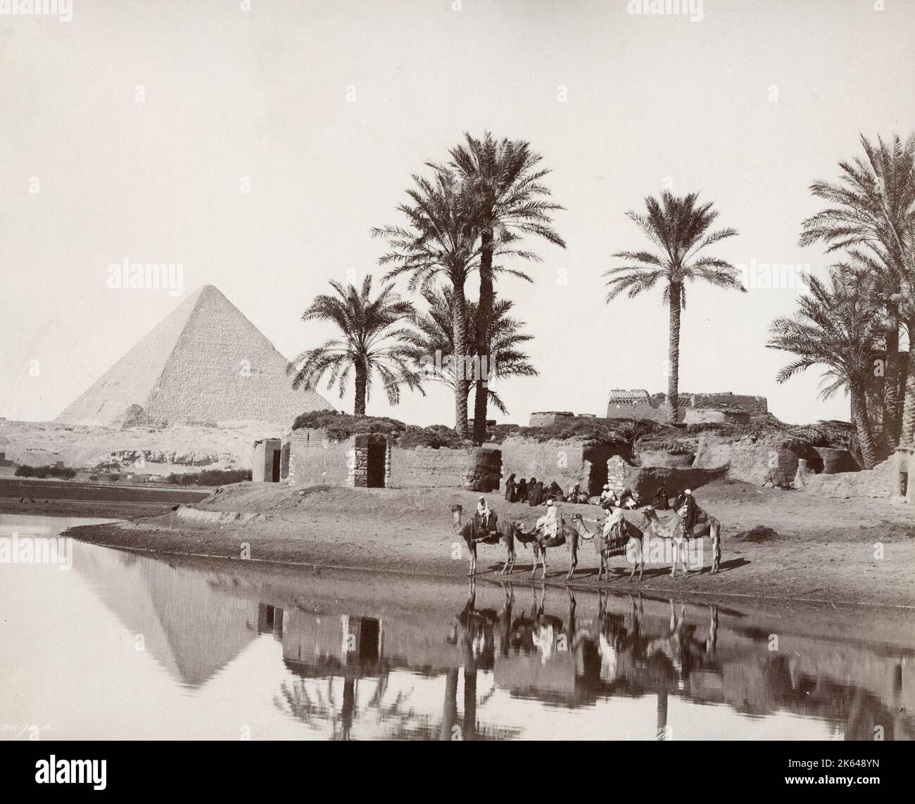 Fotografia d'epoca del XIX secolo - villaggio e cammelli lungo le rive del fiume Nilo, vicino alla Grande Piramide di Giza. Fotografia dello studio Zangaki, del 1890 circa. Foto Stock
