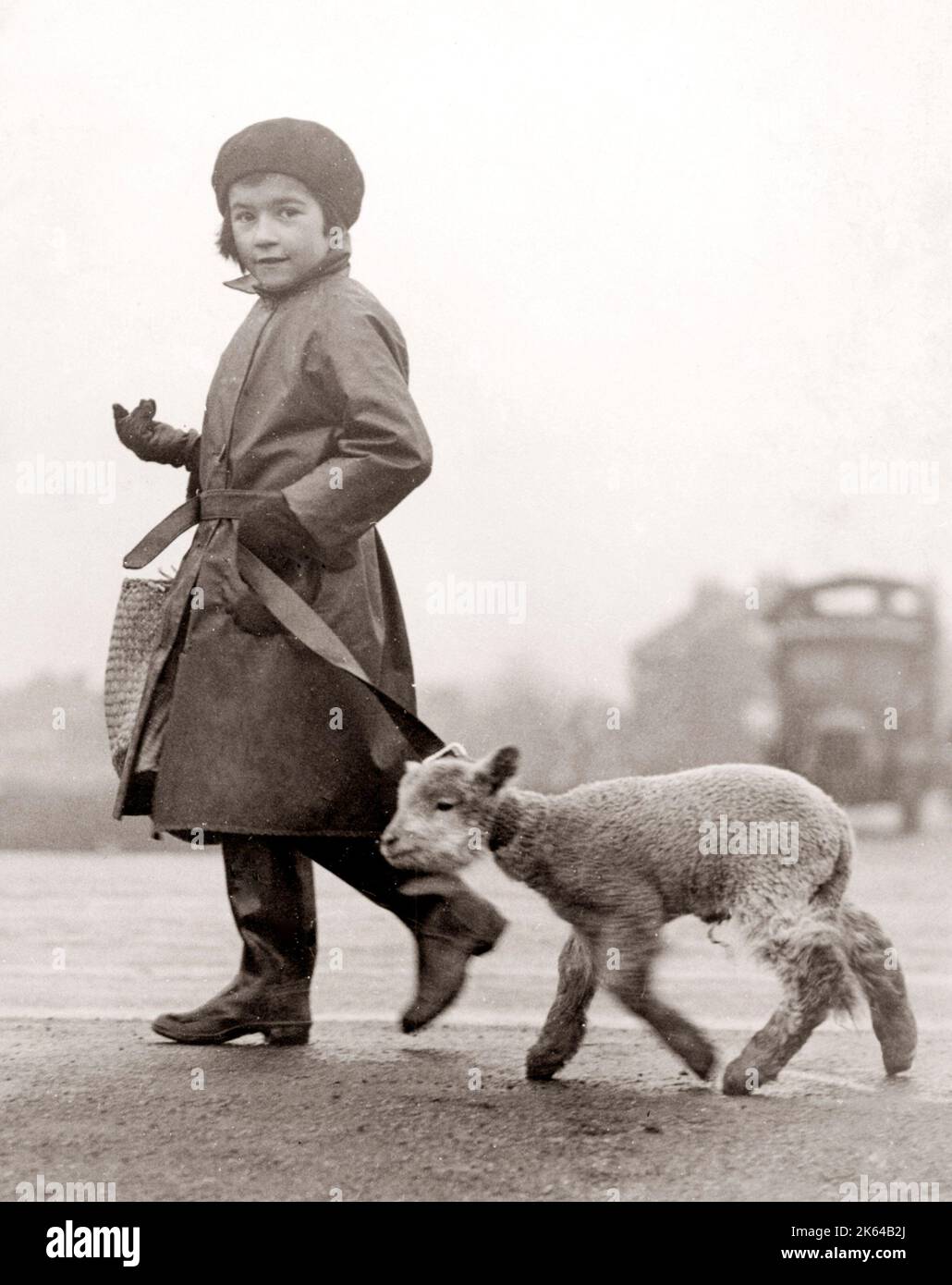 Bambina off per i negozi con il suo animale domestico di agnello, Epping, 1932 Foto Stock