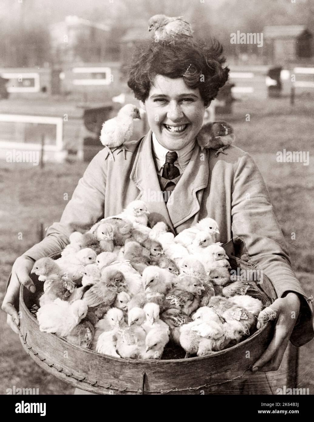 Ritratto di una ragazza con un cesto pieno di Pasqua pulcini, 1930 Foto Stock