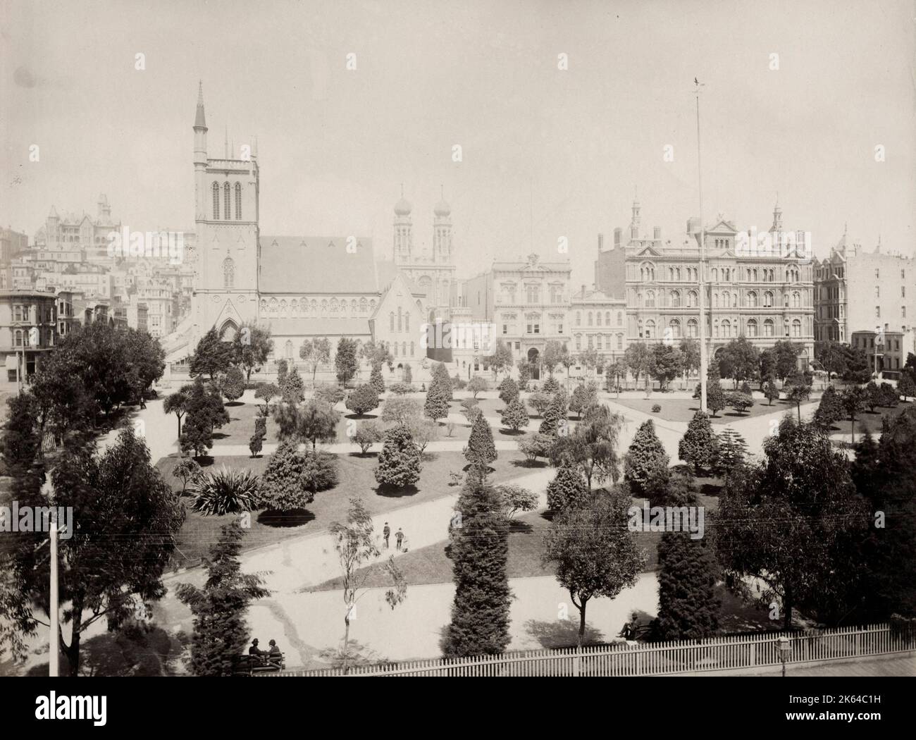 Fotografia d'epoca del XIX secolo: Union Square San Francisco, California, circa 1890, vista da Geary Street, Isaiah Taber studio. Foto Stock