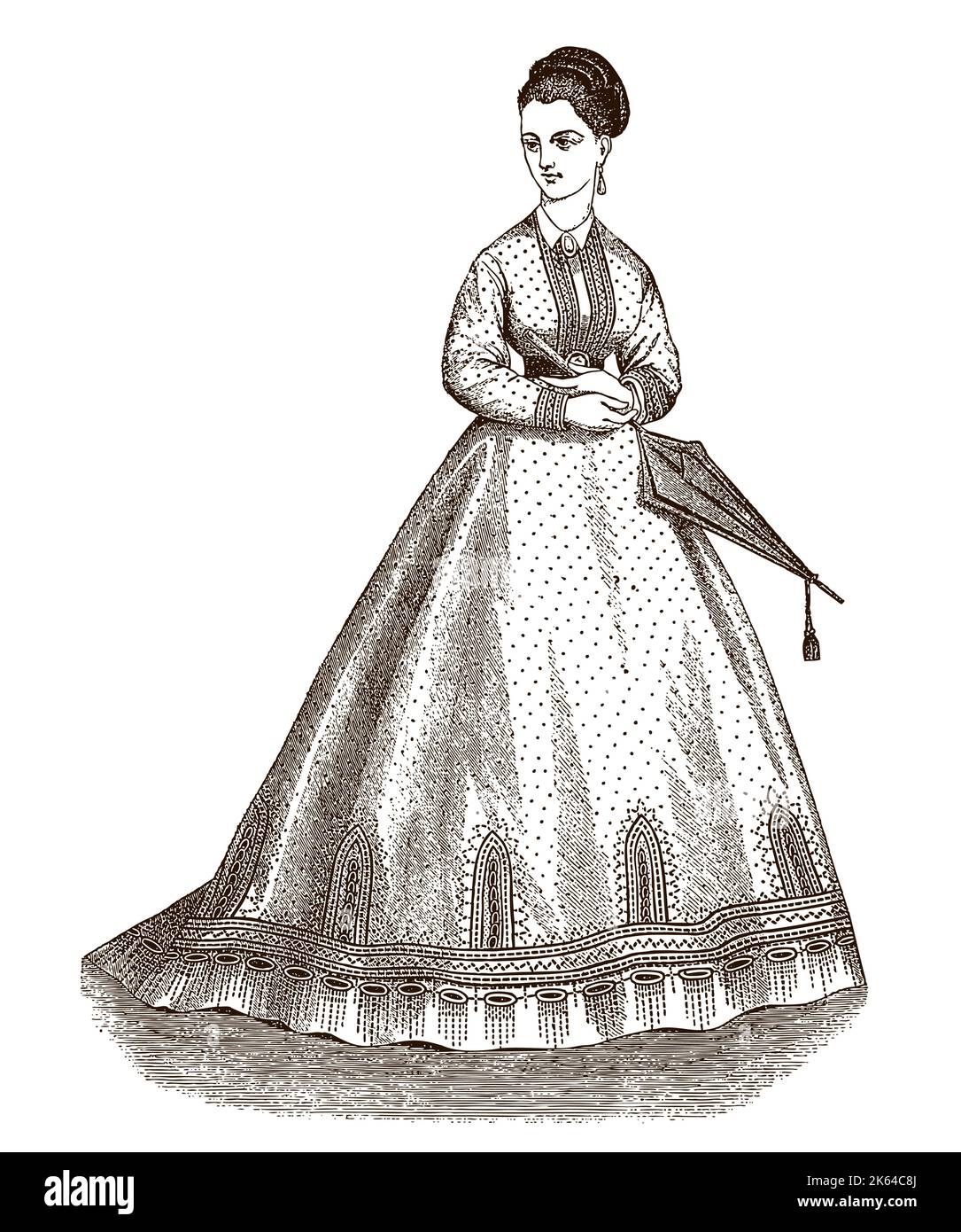 Giovane donna dell'epoca vittoriana che indossa un lungo abito percalato punteggiato, tenendo l'ombrello chiuso Illustrazione Vettoriale