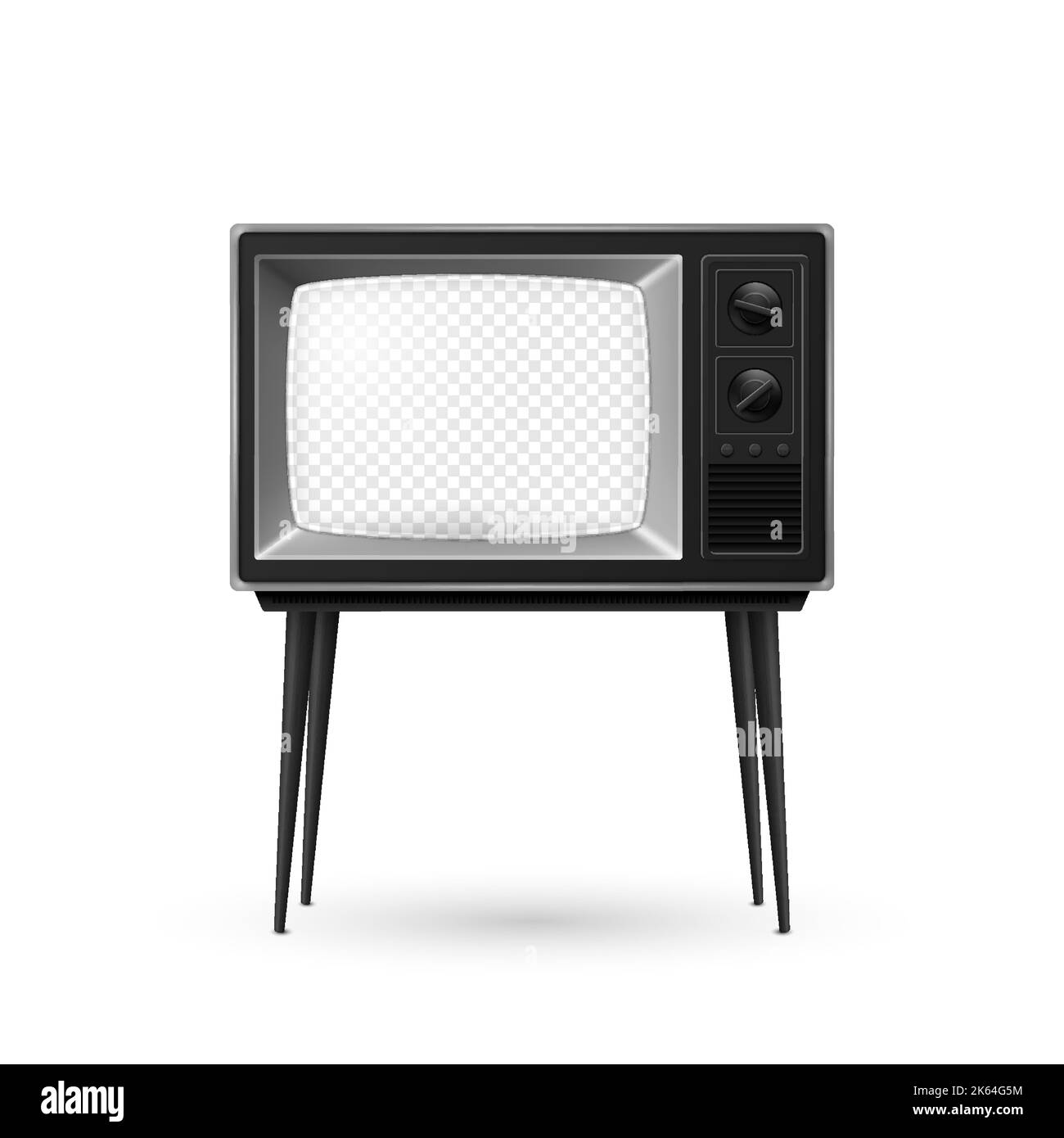 Ricevitore TV retro realistico Vector 3D con schermo trasparente isolato su sfondo bianco. Concetto di disegno interno domestico. Set TV vintage, televisione Illustrazione Vettoriale