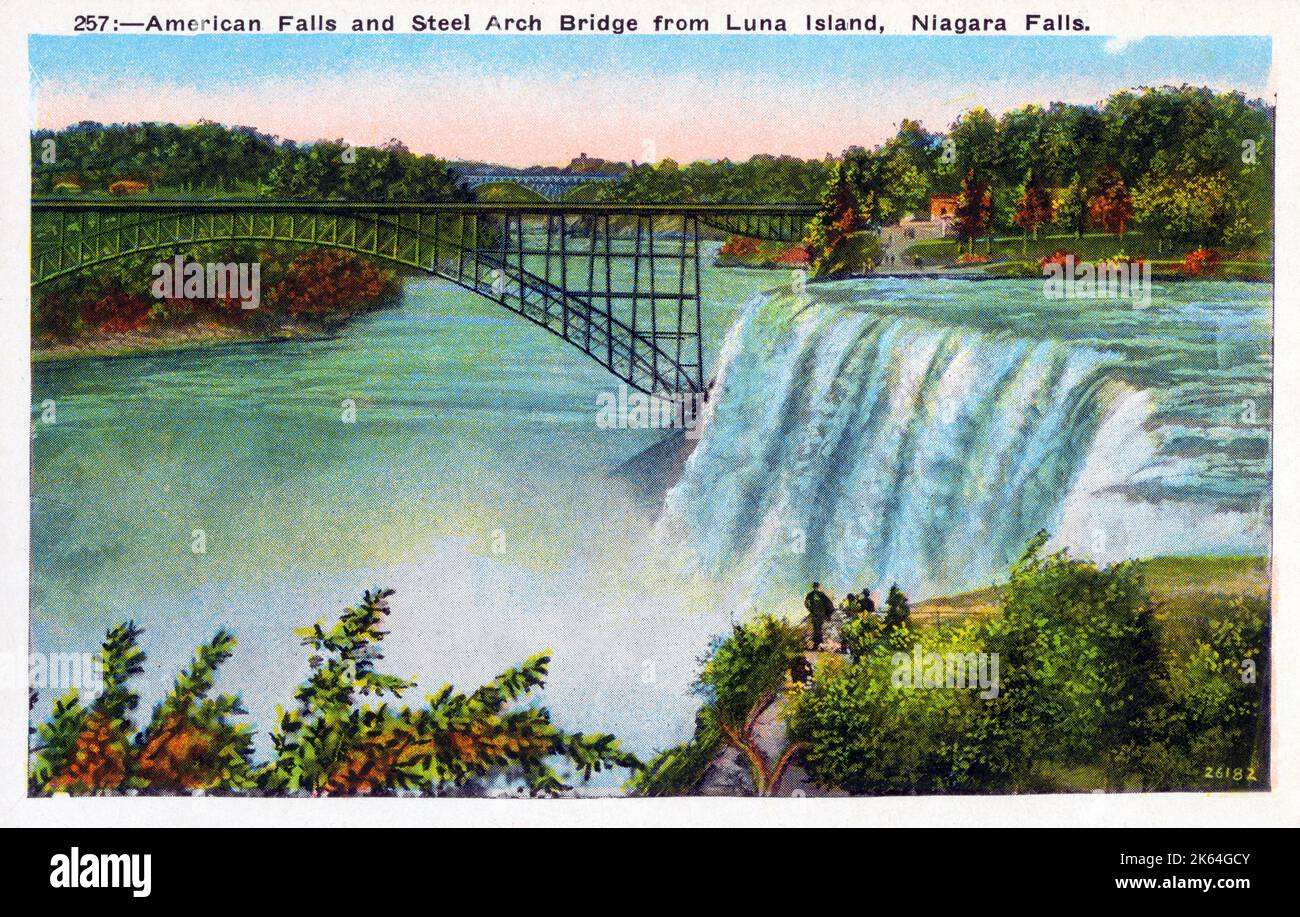 Cascate del Niagara, stato di New York, Stati Uniti - American Falls e Steel Arch Bridge. Foto Stock
