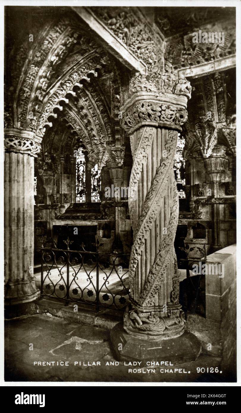 Prentice Pillar e Lady Chapel - Roslyn Chapel, Midlothian, Scozia Foto Stock