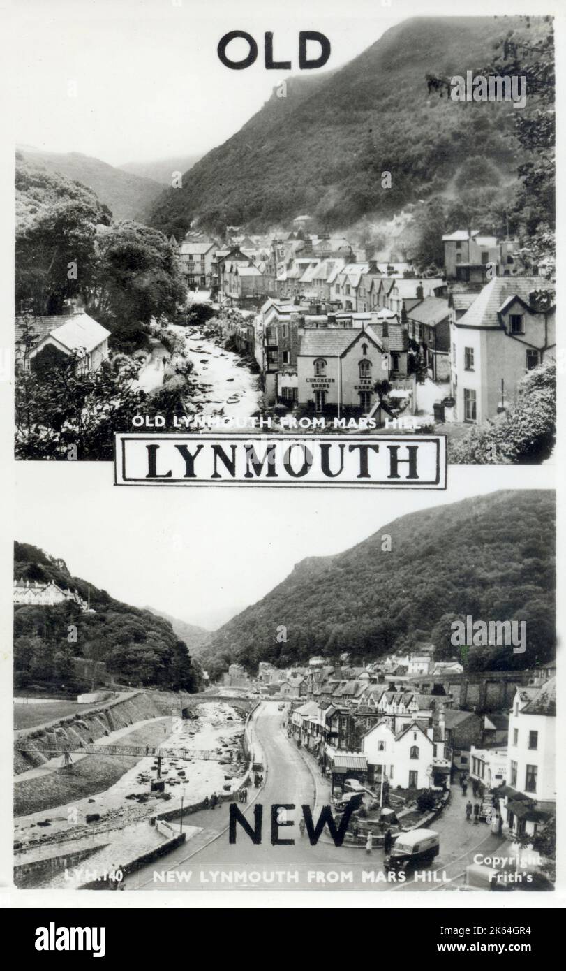 Viste della vecchia e di New Lynmouth, Devon, sul bordo settentrionale di Exmoor - viste da Mars Hill, che mostrano come il fiume Lyn attraverso la città era stato spostato per evitare il ripetersi dei terribili danni causati dalle estese inondazioni nel 1952. Foto Stock