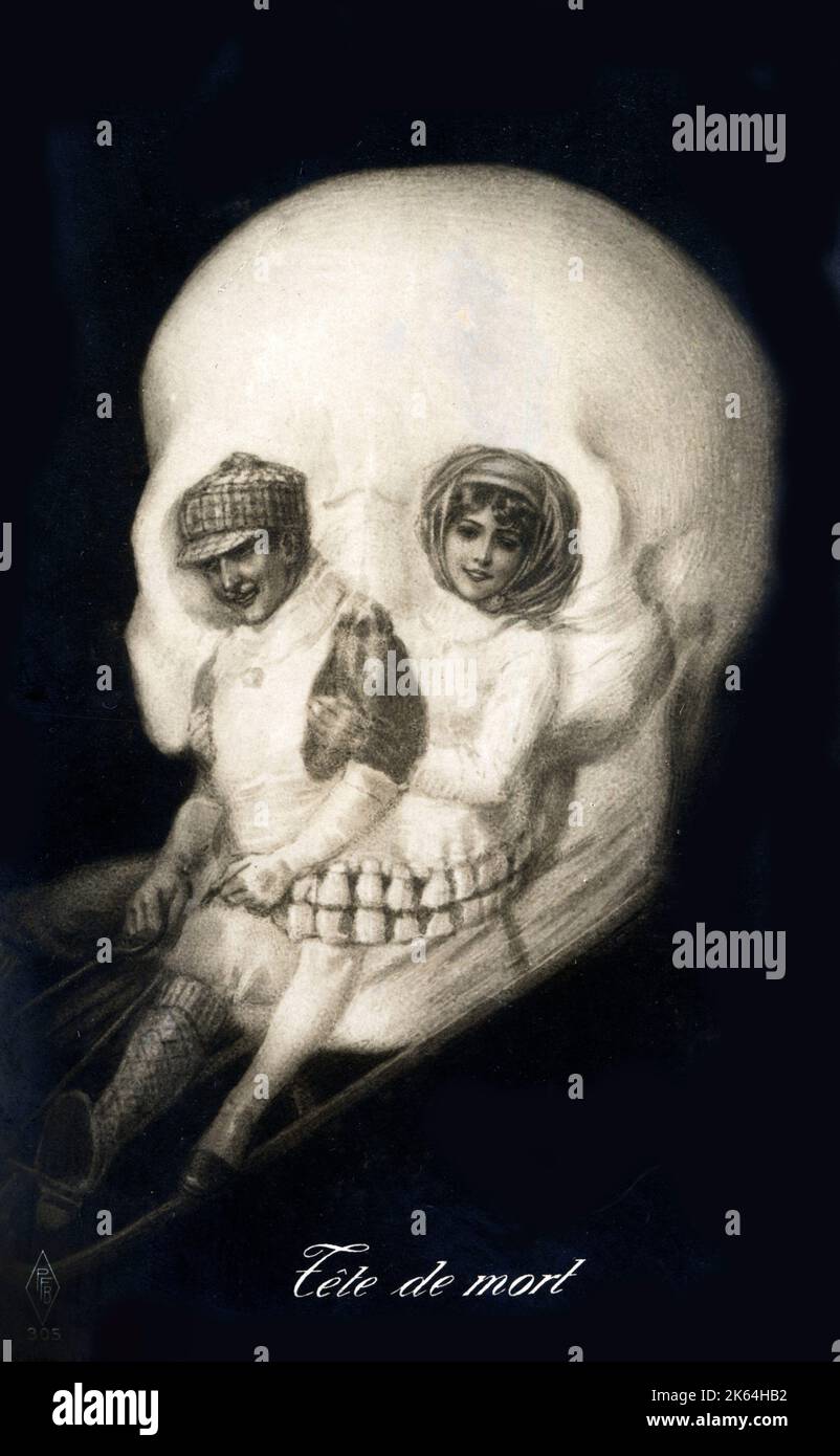 Un memento mori o vanitas trompe l'oeil illusione ottica che ritrae una coppia in slitta, raddoppiando come un teschio umano. Foto Stock