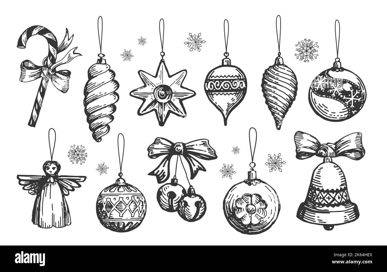 Decorazioni natalizie e la collezione di palle. Set di elementi per le vacanze vintage. Illustrazione retrò di uno schizzo disegnato a mano Foto Stock