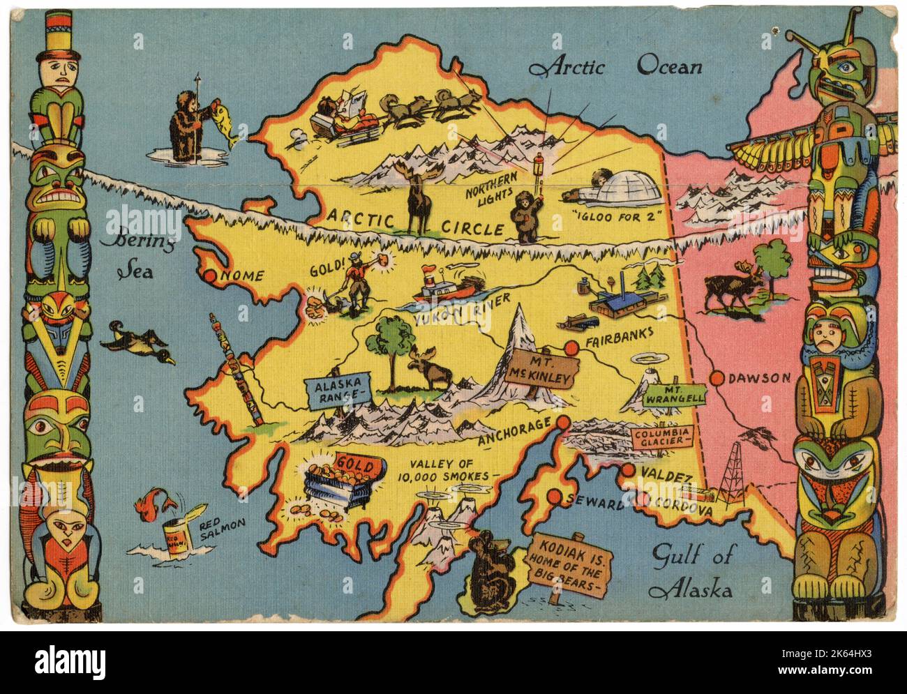 Alaska, l'ultima frontiera d'America, mappa, pali totemici Foto Stock