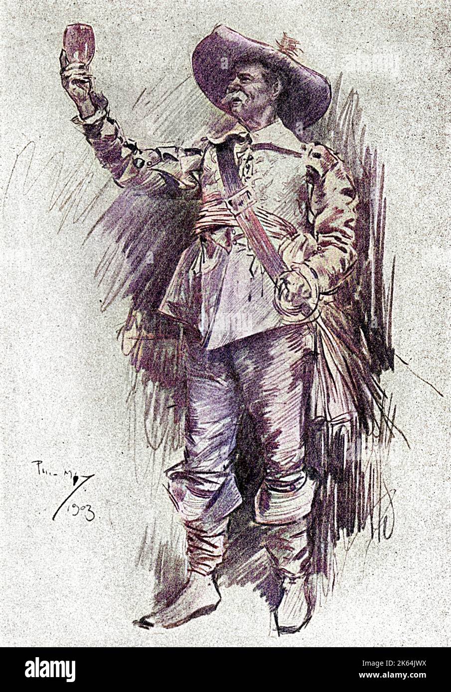 Ecco una salute per sua Maestà. Attore di inizio XX secolo nel ruolo di un Cavalier. "Here's a Health to His Majesty" è una canzone patriottica inglese (o Glee), composta da Jeremiah Savile, un importante insegnante di musica durante il Commonwealth inglese e la Restaurazione a Londra. La melodia è ora usata come marcia regale del Royal Army Medical Corps !!! Foto Stock