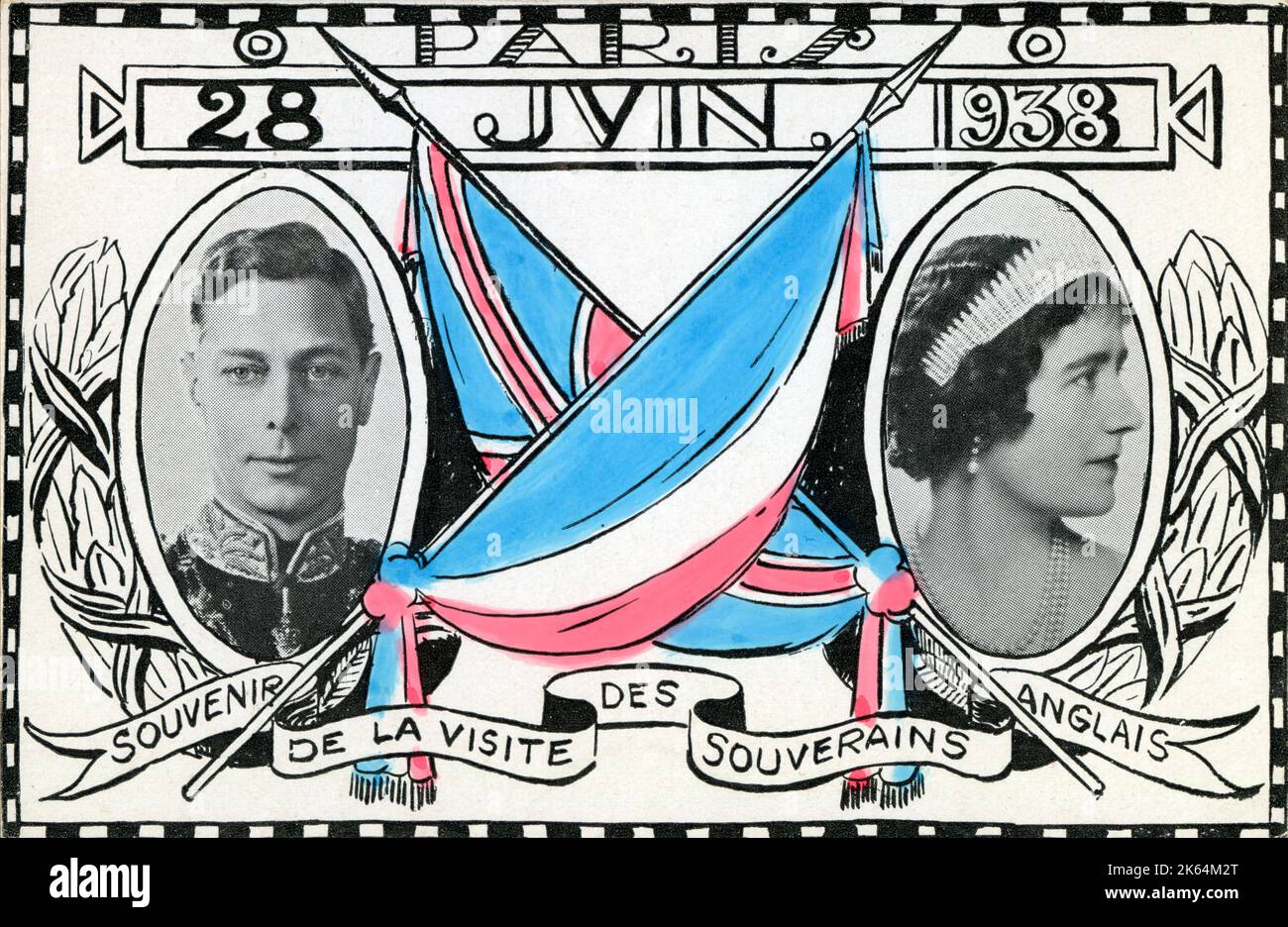 Souvenir della visita reale britannica a Parigi il 28 giugno 1938 - ritratti di Kinfg Giorgio vi (1895-1952) e della regina Elisabetta (in seguito regina madre) (1900-2002). Foto Stock