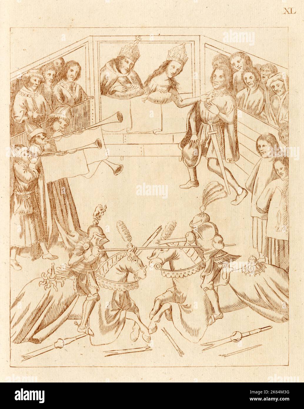Richard Beauchamp, XIII conte di Warwick, uccide un duca in combattimento a cavallo; l'imperatrice del Sacro Romano Impero, Barbara di Cilli (1392-1451), riceve la livrea di un orso di Beauchamp. Foto Stock