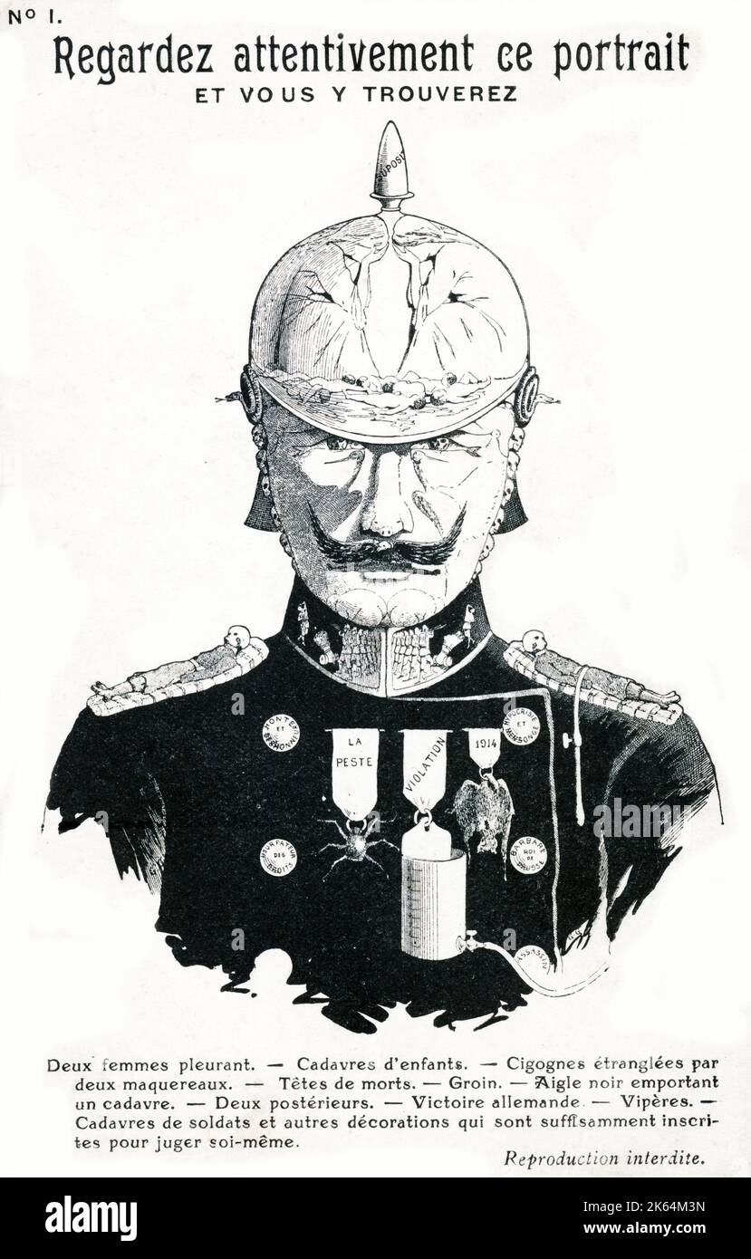 Ritratto francese del WW1 - satira su Kaiser Wilhelm II, raffigurato come un malvagio guerrafonero. Data: Circa 1910s Foto Stock