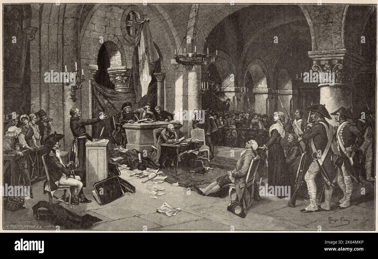 Un tribunale durante il terrore della Rivoluzione francese nel 1793, quando una sola parola, un singolo movimento sospetto era sufficiente per procurare le nuove vittime della ghigliottina. Una nobile famiglia davanti alla corte. Foto Stock