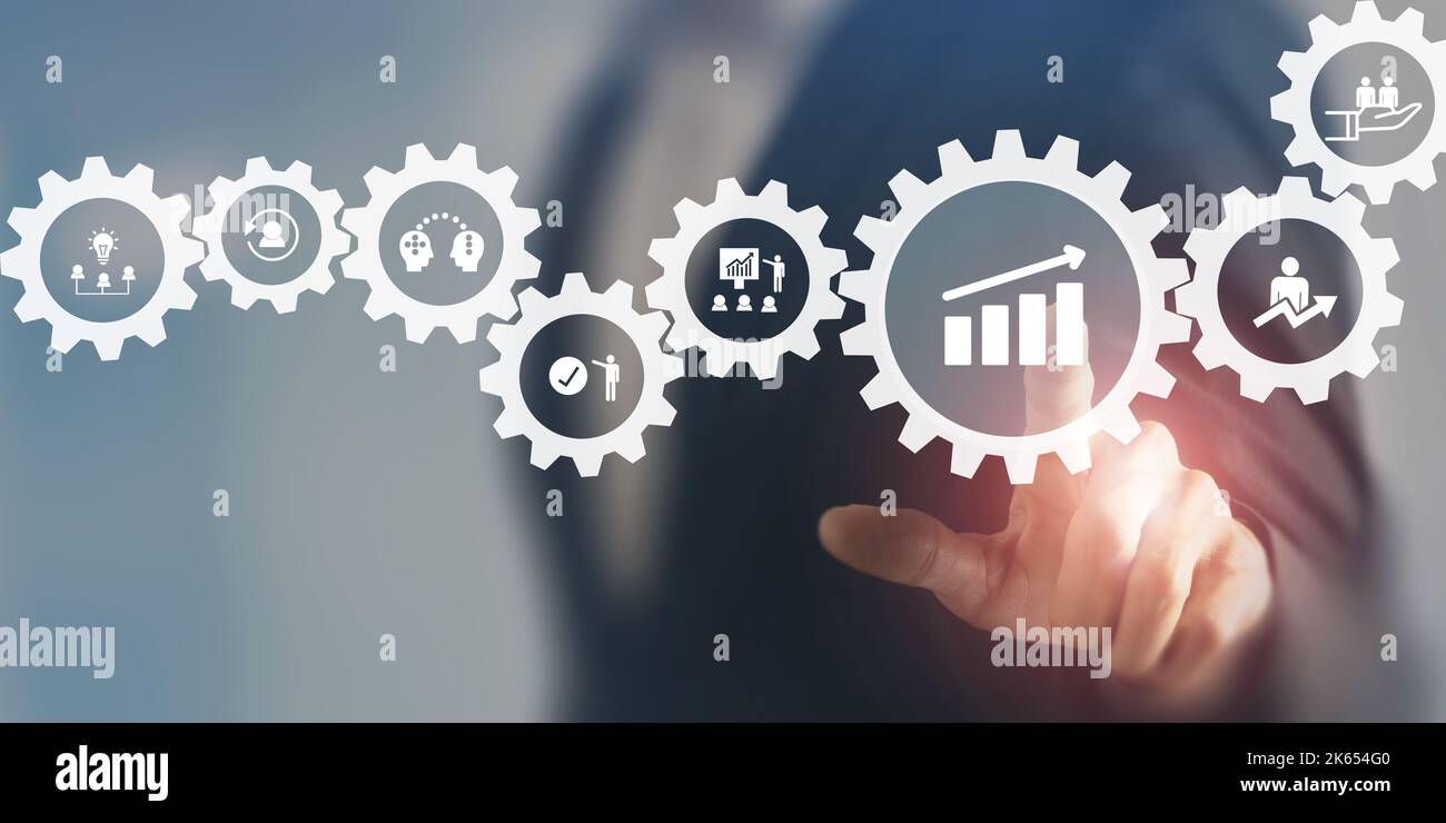 Business, concetto di sviluppo personale. Migliorare e sviluppare competenze e prestazioni. Miglioramento e sviluppo personale. Brainstorming, formazione, Foto Stock